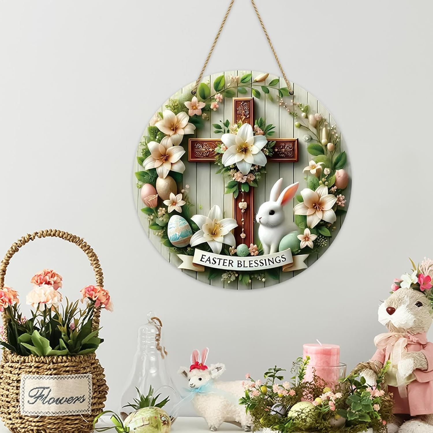 Easter Dangling Sign - Easter Blessing Welcome Sign for Front Door | 20Cm round Plate Dangling Decoration, Bunny with Colorful Eggs Decor for Home Farmhouse Indoor Outdoor