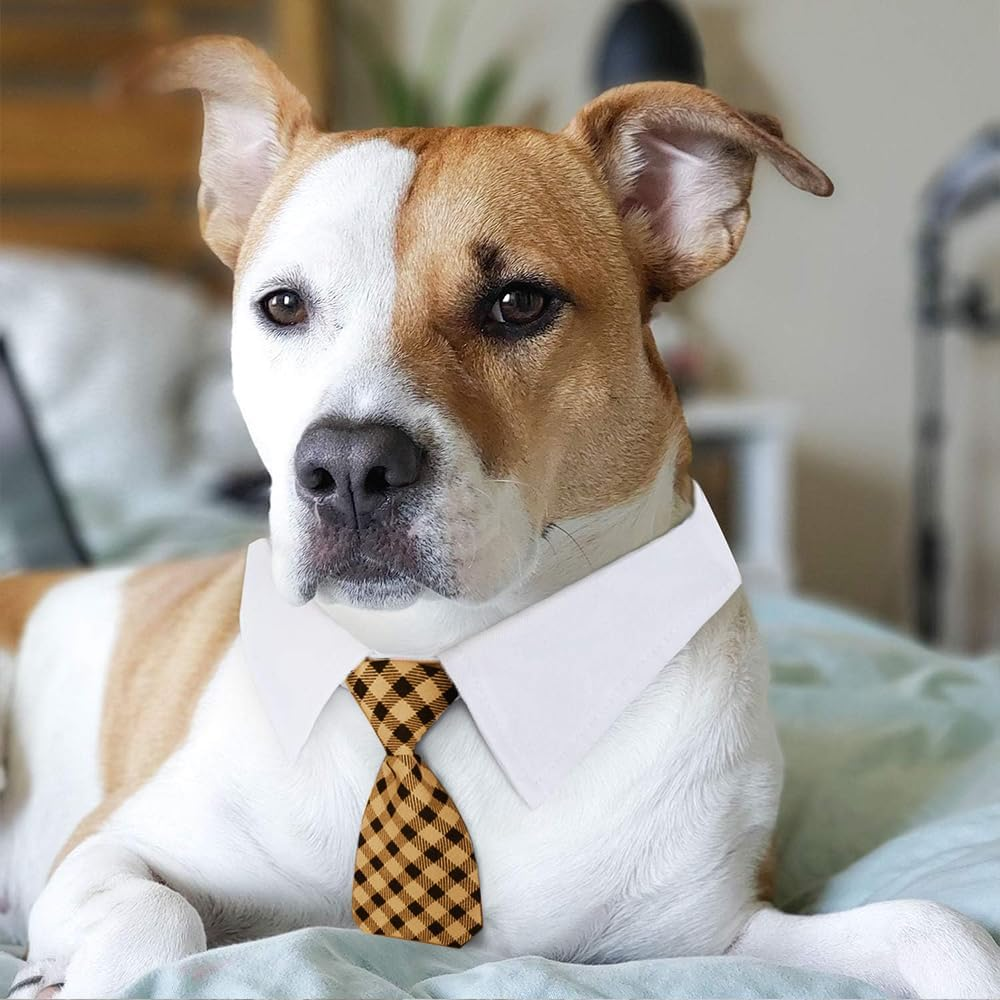 Voarge Dog Tie, Adjustable Dog Collar with Velcro Fastening, Pets Wedding Bow Tie, Formal Puppy Bow Tie, Tuxedo Collar Costume Tie (Yellow Chequered, L)