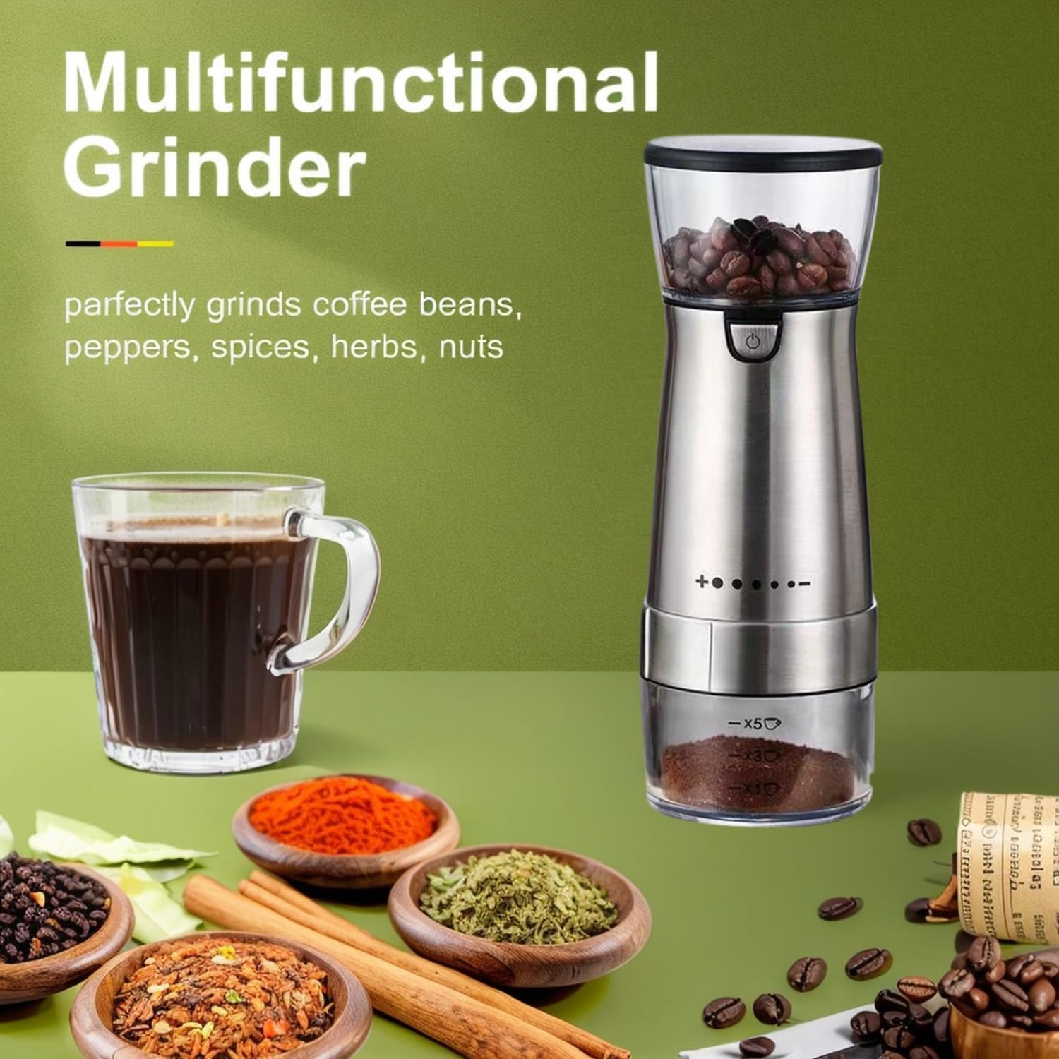 Portable Electric Coffee Grinder Stainless Steel Body Ceramic Burr Grinder 5 Grind Settings USB Rechargeable One-Touch Operation image number 5