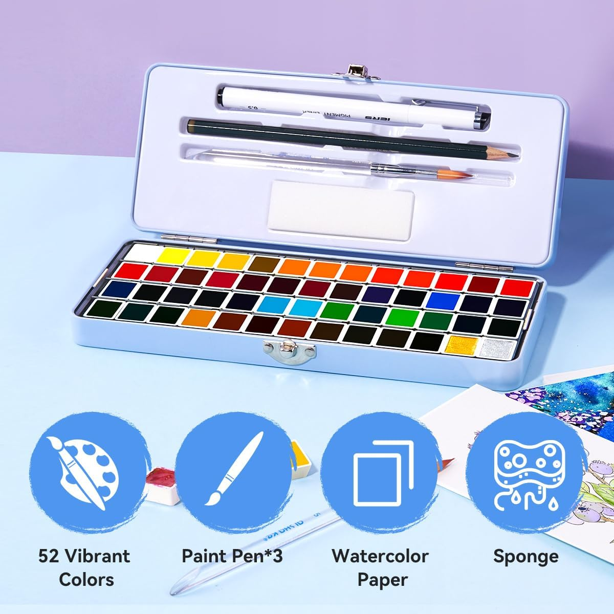 Meiliang Watercolor Paint Set 52 Colors in Half Pans with Drawing Pencil, Paint Brushes, 5 Watercolor Paper, Sponge, Black Drawing Pens, Art Supplies for Adults Travel Watercolor & Blue Box image number 6