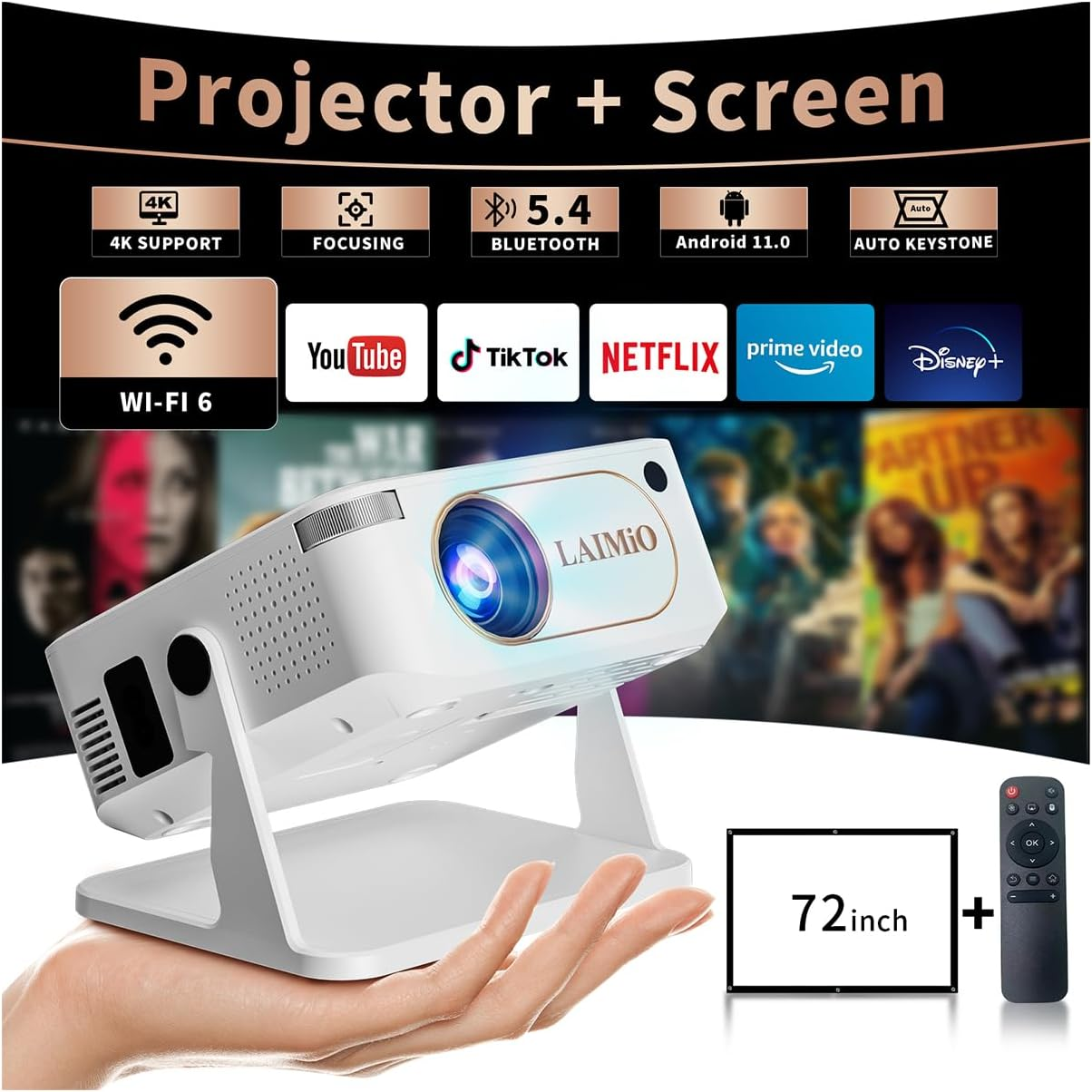 Laimio 1080P & 4K Supported Projector with Projector Screen, Auto Keystone Correction & 360&deg; Rotation, Wifi6 & BT5.4 Portable Mini Projector for Home Cinema, Outdoor Movie and Room Entertainment-White