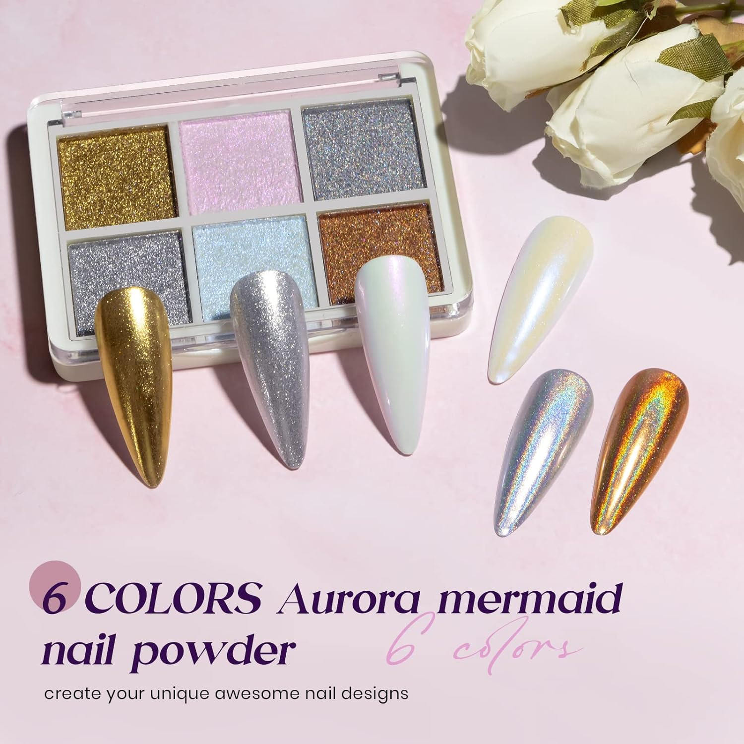 MIZHSE Pearl Chrome Nail Powder for Nails Iridescent Mermaid Glitter Powder, Holographic Solid Pigment Aurora Gold Silver Mirror Powder Nail Art(6 in 1) image number 6