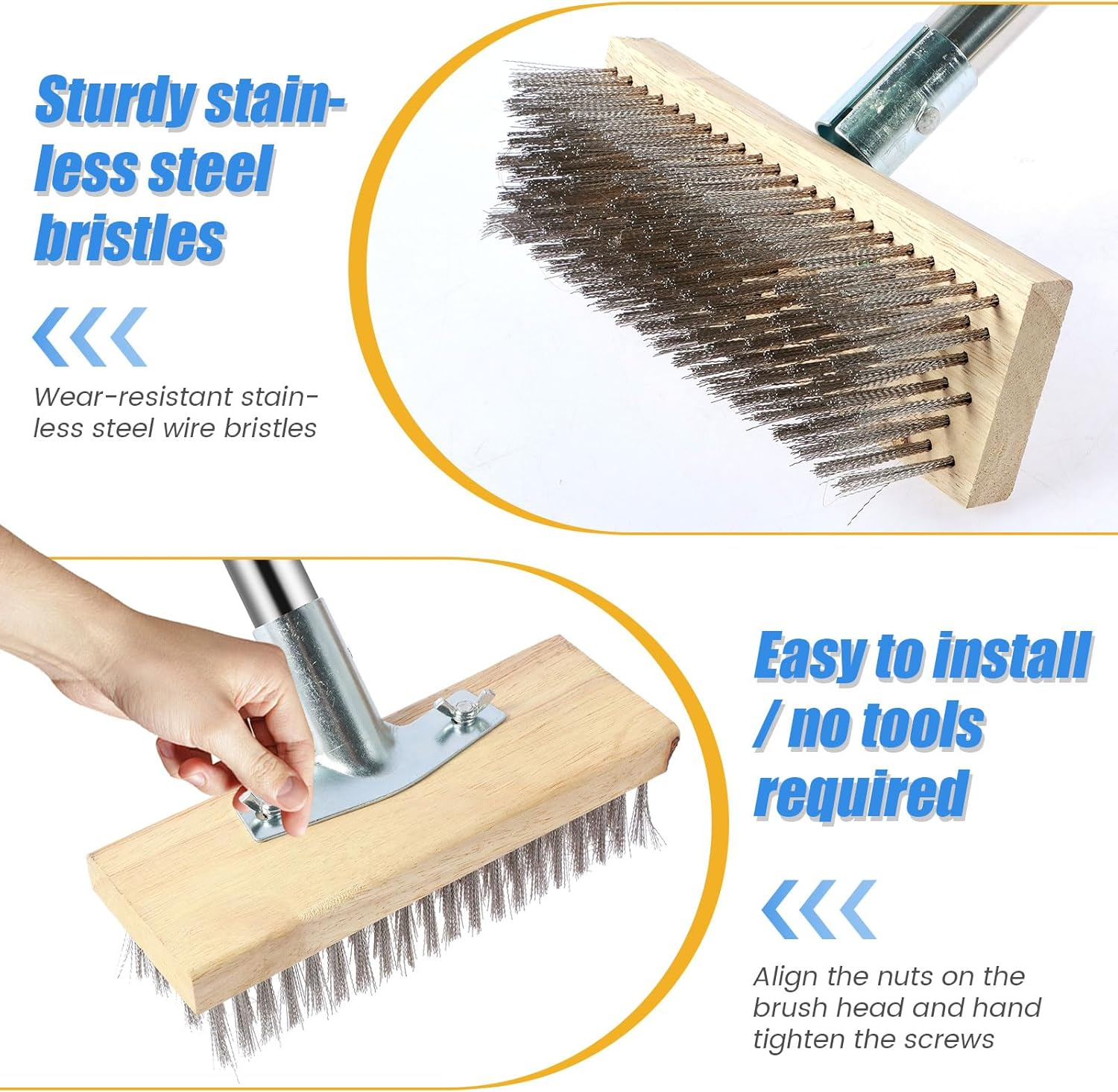 65" Stainless Steel Wire Broom with 4 Detachable Pole, Deck Scrub Brush with Long Handle, Stiff Metal Brush, Floor Scrub Bristles Brush, Tile Deck Cleaning Tool for Cleaning Moss Grout Algae Weed image number 5