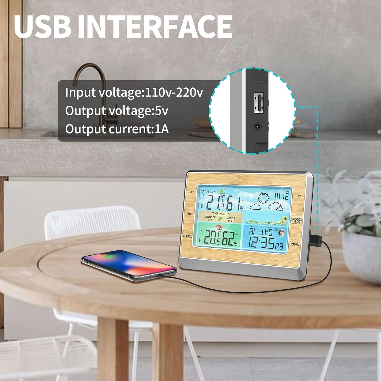 Large Color Screen Wireless Weather Station Clock with Brightness Adjust, Indoor Outdoor Temperature, Humidity Meter, USB Port image number 6