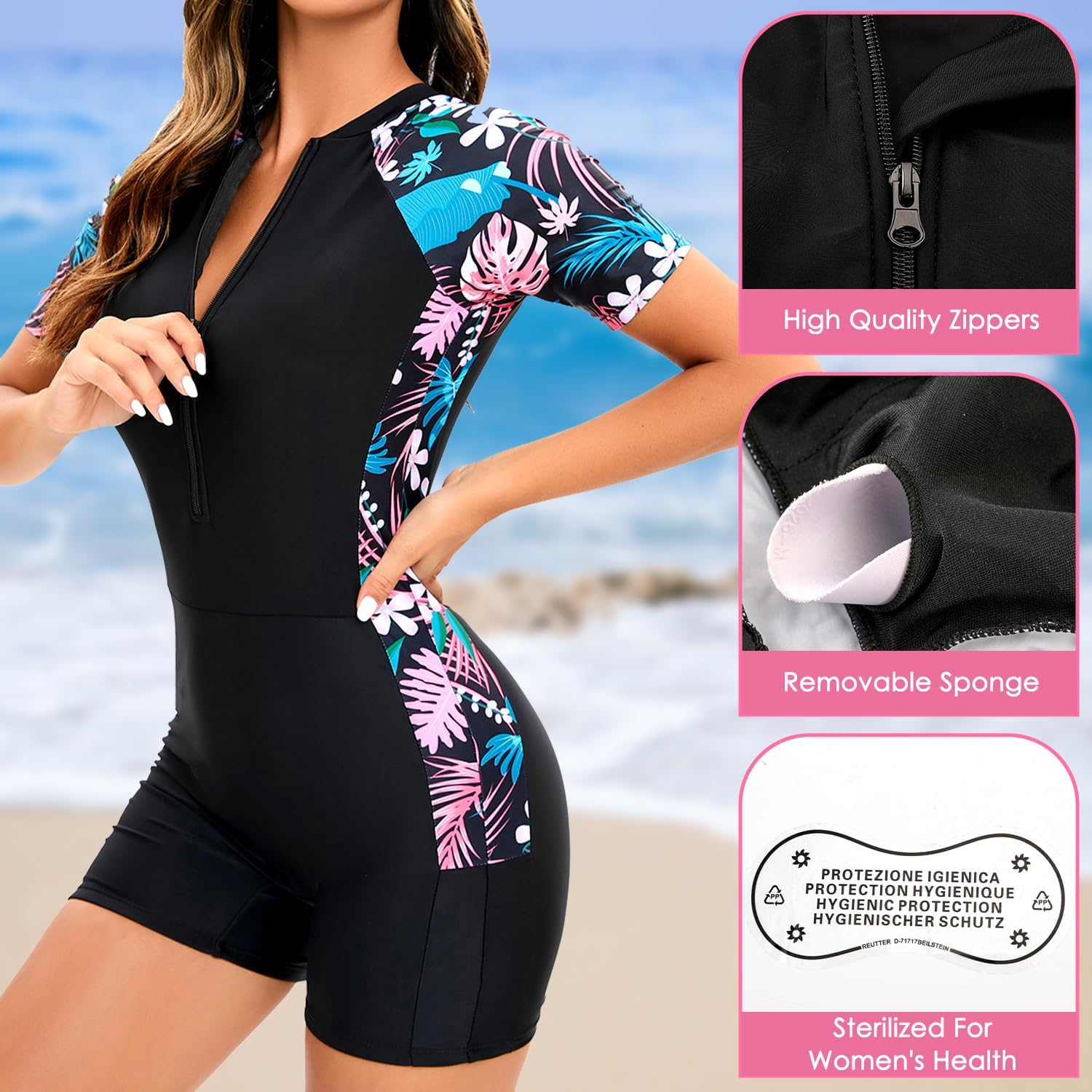 WOTOW Women'S One Piece Swimsuits, Rash Guard Short Sleeves Zipper Bathing Suit, Sports Surfing Swimwear for Women image number 5