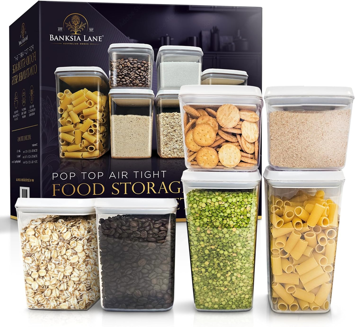 Banksia Lane&reg; Pop Top Airtight Containers - Set of 6, 2X 1200Ml, 2X 2000Ml, 2X 2700Ml Pantry Storage Containers with Push Top Lids - Airtight Food Storage Containers for Kitchen Organisation image number 1