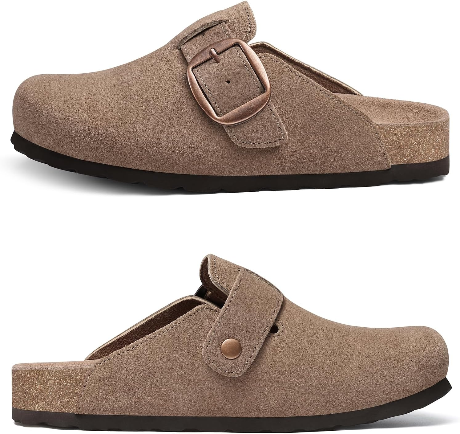 KIDMI Genuine Suede Clogs for Women Memory Foam Cork Footbed Potato Shoes Slip on Leather Mules with Big Buckle image number 4