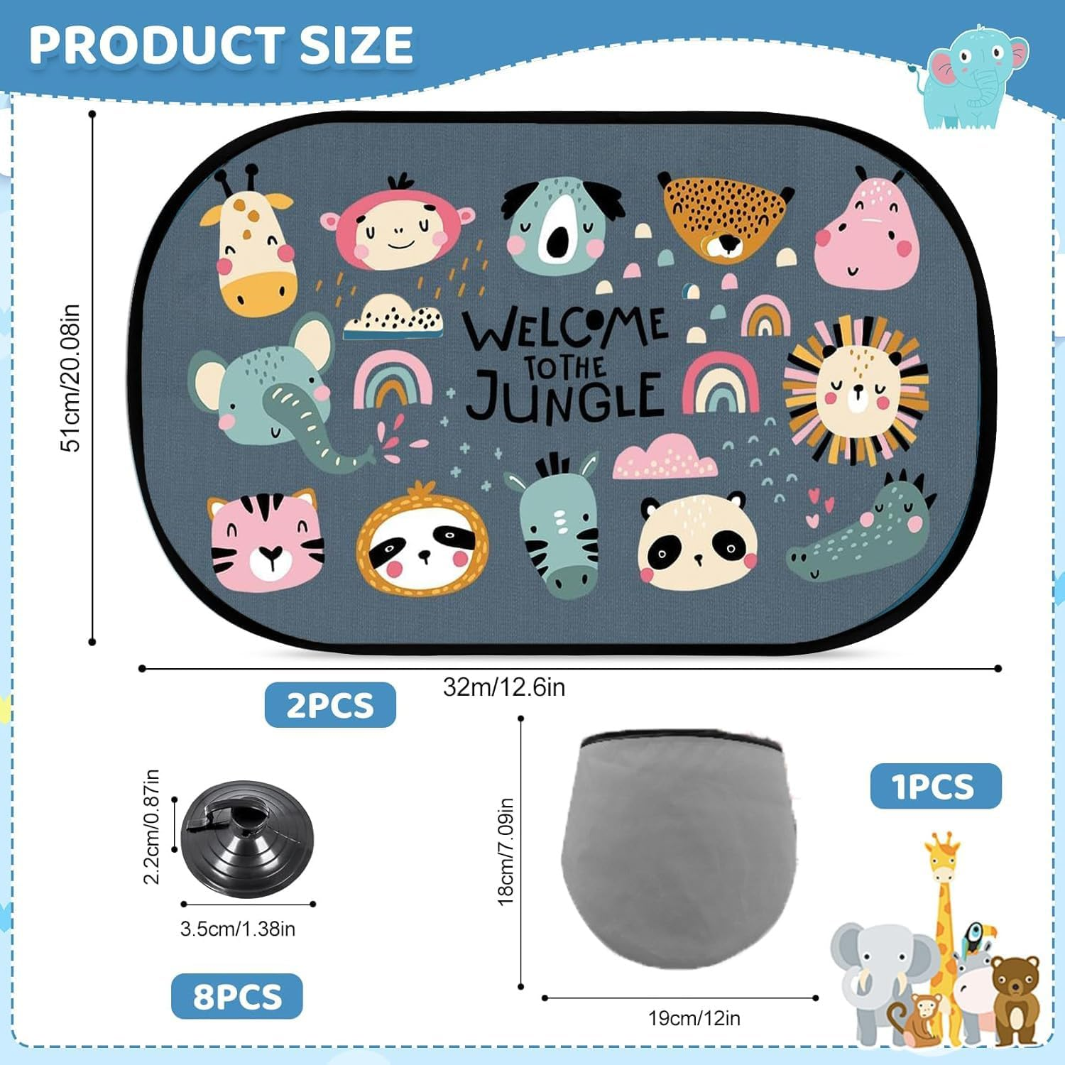 2 Pack Car Window Shades for Baby, UV Protection Sun Visor with Cute Animal Motifs, Universal Fit for Most Cars SUV Sedan, 51X31Cm Side Window Sunshades