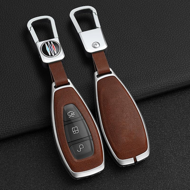 Zinc Alloy Car Key Case Key Fob Cover Leather Fit for Ford Fiesta Focus Kuga C-Max Galaxy B-Max S-Max Mondeo Mk2 MK3 Edge Key Fob Holder Keyring 3 Buttons Key Shell Key Chain Silvery Brown image number 6