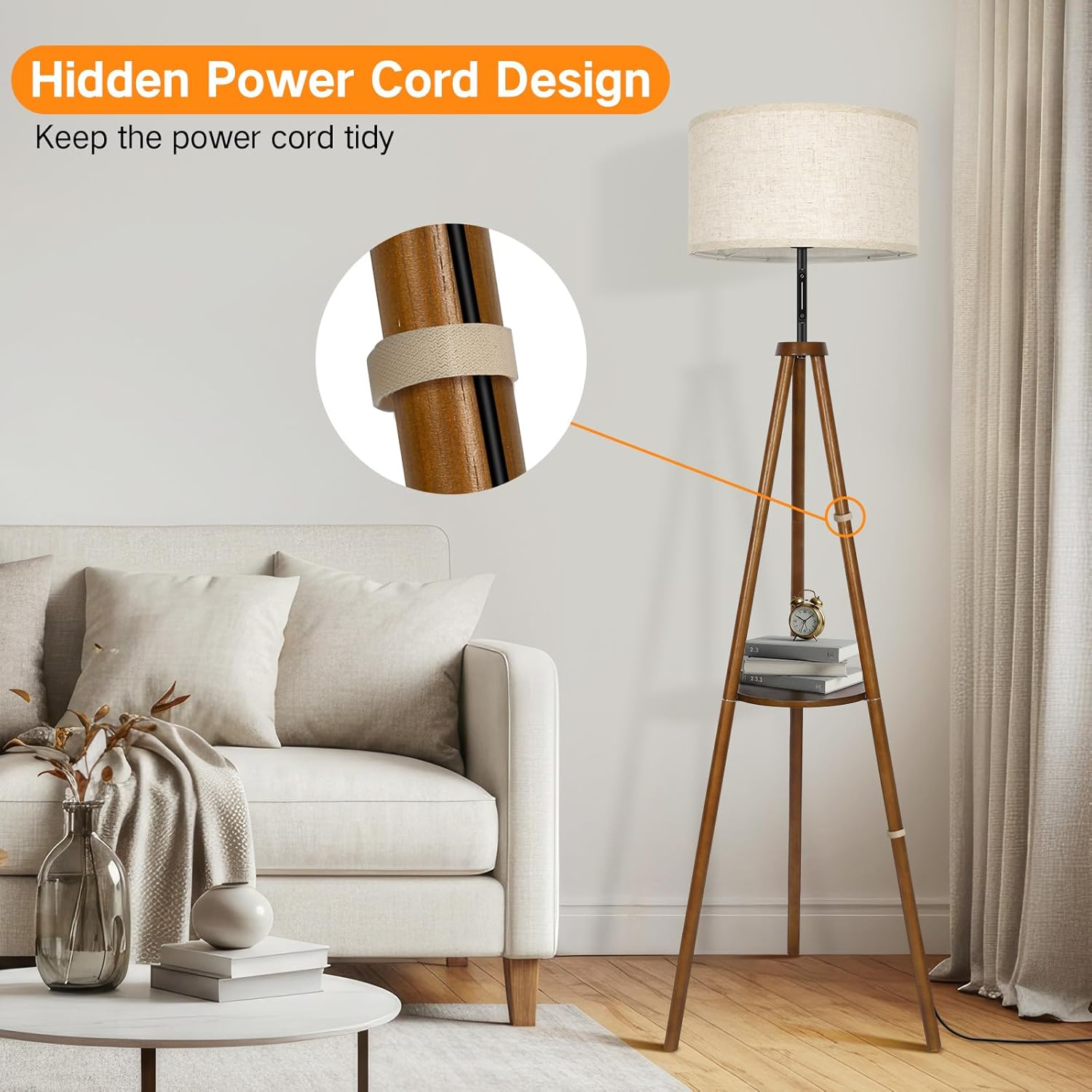 OUTON Wooden Tripod Floor Lamp with Shelves, 4 Color Temperatures Mid Century Dimmable Floor Lamp with Remote & &lrm;Touch Control, Modern Tall Standing Lamp for Living Room Bedroom Office, Walnut Wood - Walnut image number 3