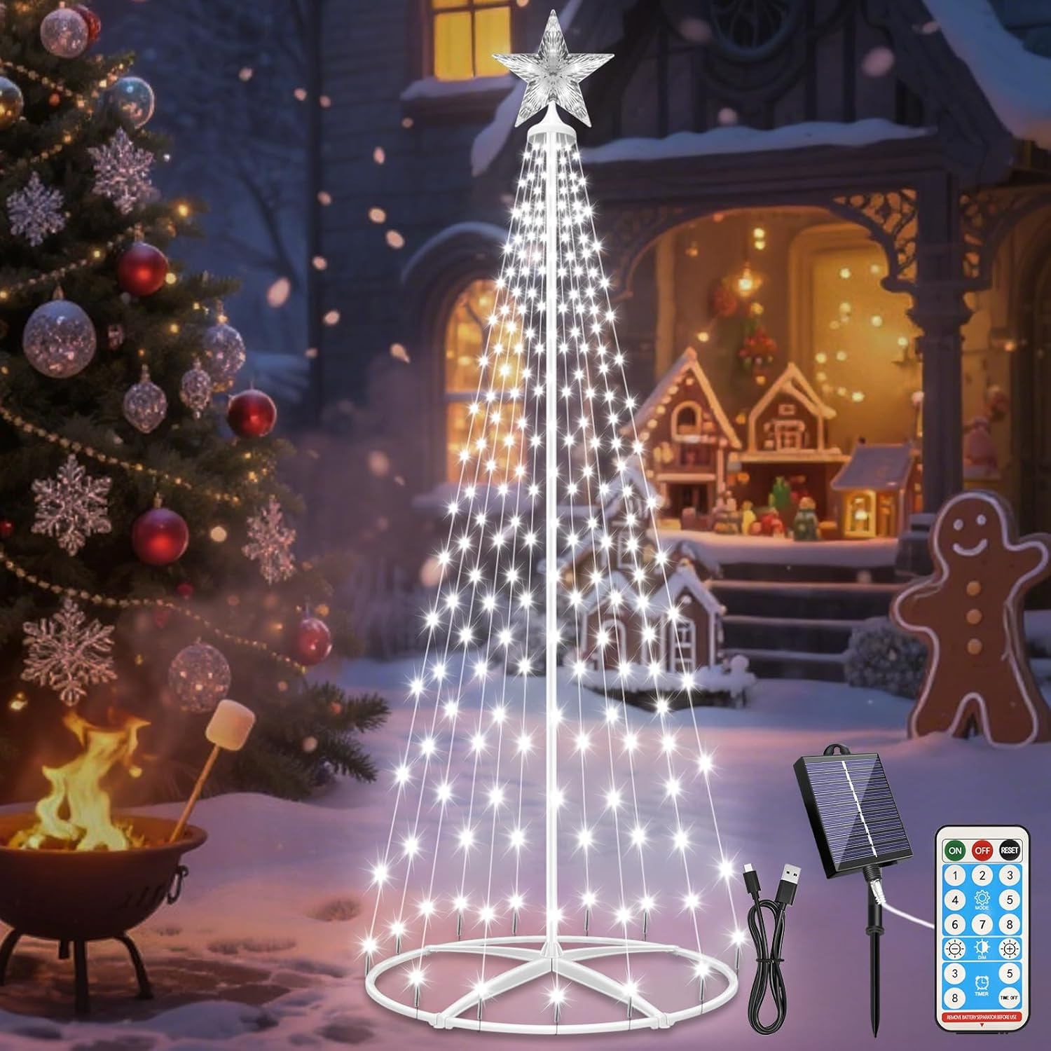 Outdoor Solar Christmas Cone Tree Lights,1.5M 202 LED Christmas Tree Lightshow with 8 Modes Timer Remote, Lighted Artificial Tree USB Charge for Xmas Yard Porch Patio Party Holiday Decor, Cold White image number 5