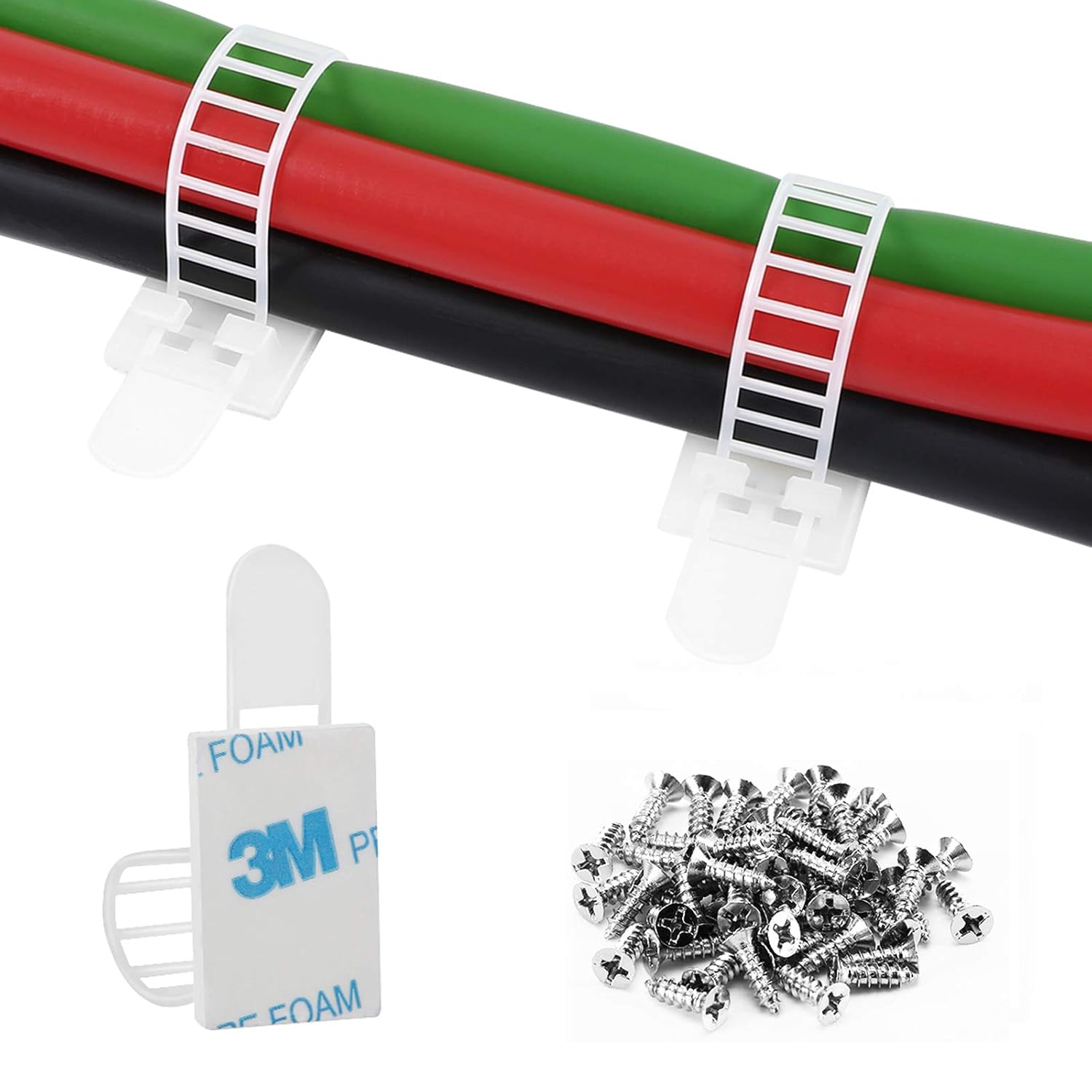 Adhesive Cable Management Clips, 100Pcs Adjustable Nylon Cable Strap Ties Wire Clips Clamps Organizer with Strong Adhesive Tape, Extra Screw & Hole for Strong Fixation Home Office - 3.35 Inch Black