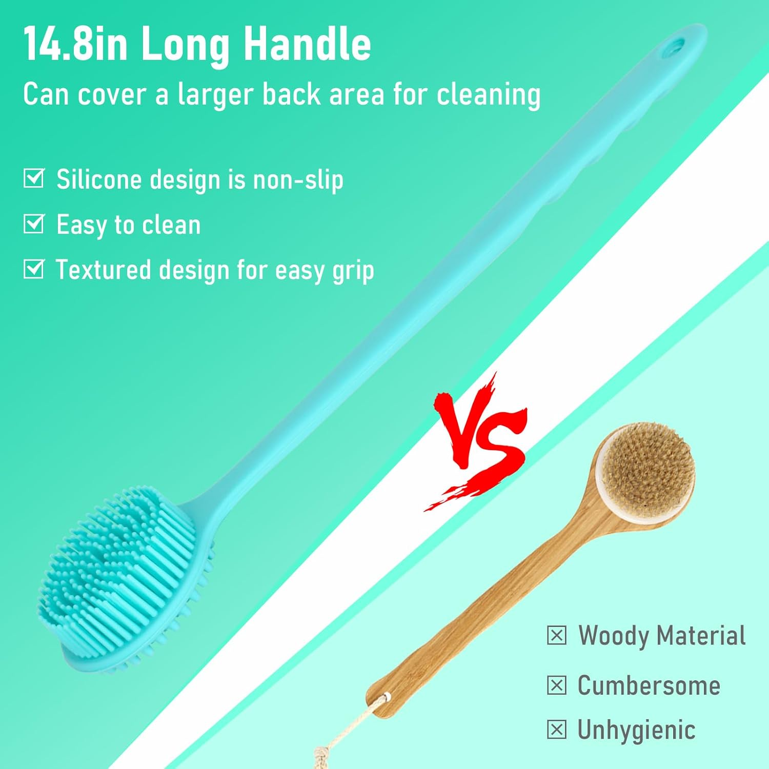 Silicone Back Scrubber for Shower Bath Body Brush with Long Handle Double Sided Exfoliating Shower Brush with a Hook and a Lanyard