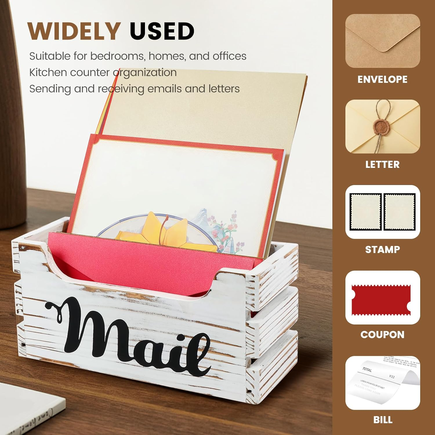 UKQRRTC Wood Mail Organizer, Vintage Mail Holder, Countertop Mail Basket, Wall Mount Mail Organizer Box for Office Home (White) image number 4
