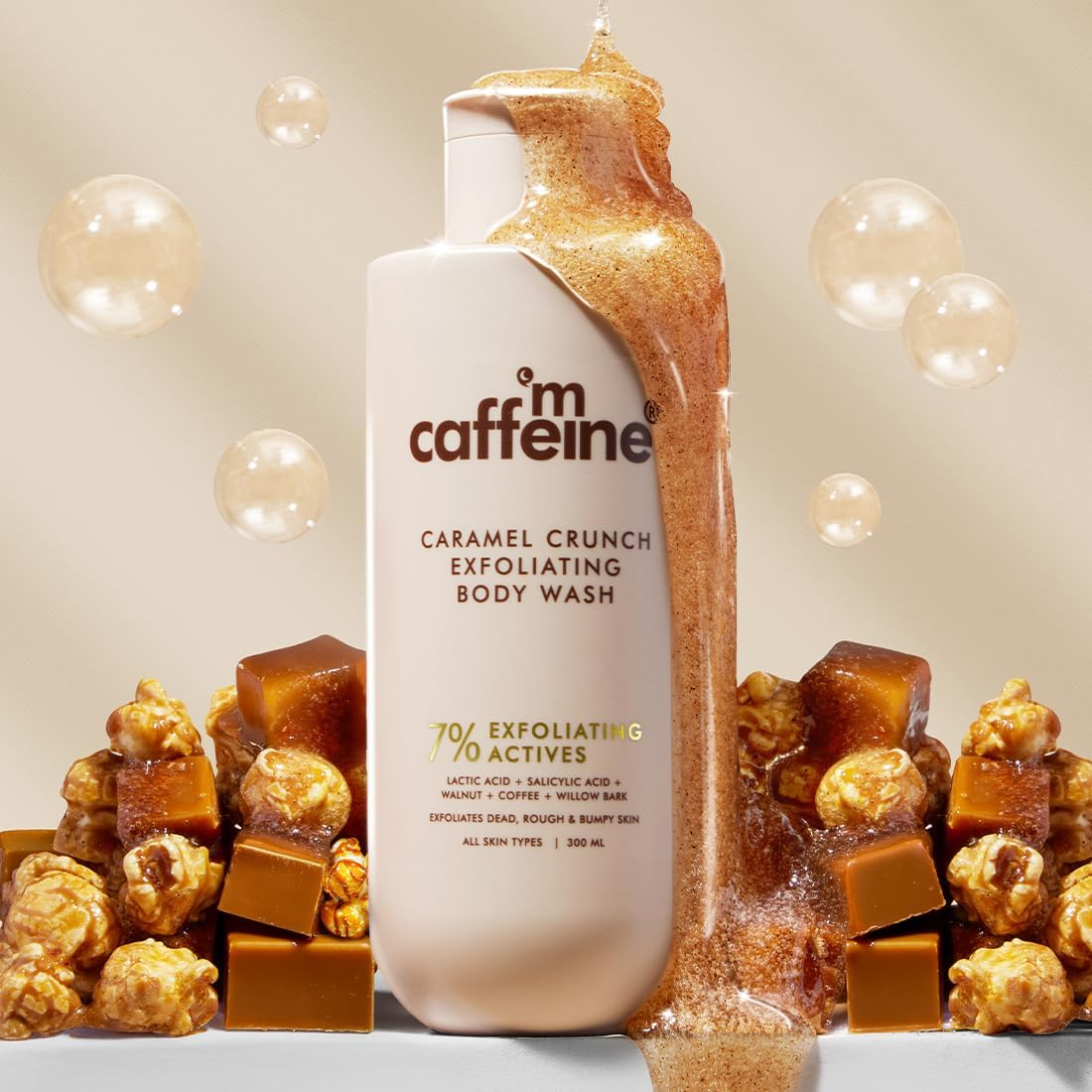 Mcaffeine 7% Exfoliating Body Wash with 1% Salicylic 2% Lactic Acid | Reduces Body Acne, Strawberry Skin, Ingrown Hair & Smoothes | Sweet Caramel Shower Gel for Women & Men- All Skin Types (300Ml)