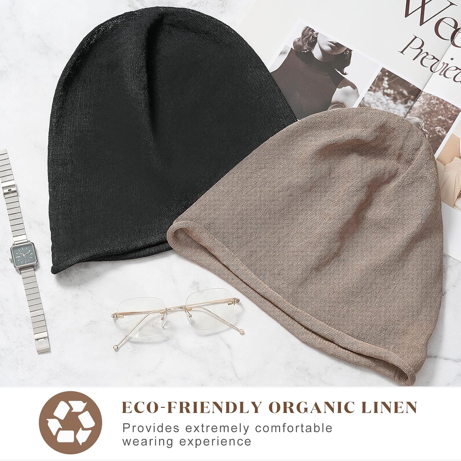 Chicingyou 2 Pack Linen Beanies Hats for Women & Men - Winter Slouchy Hat, Soft Natural Fiber Knit for Comfort, Beige & Black image number 1