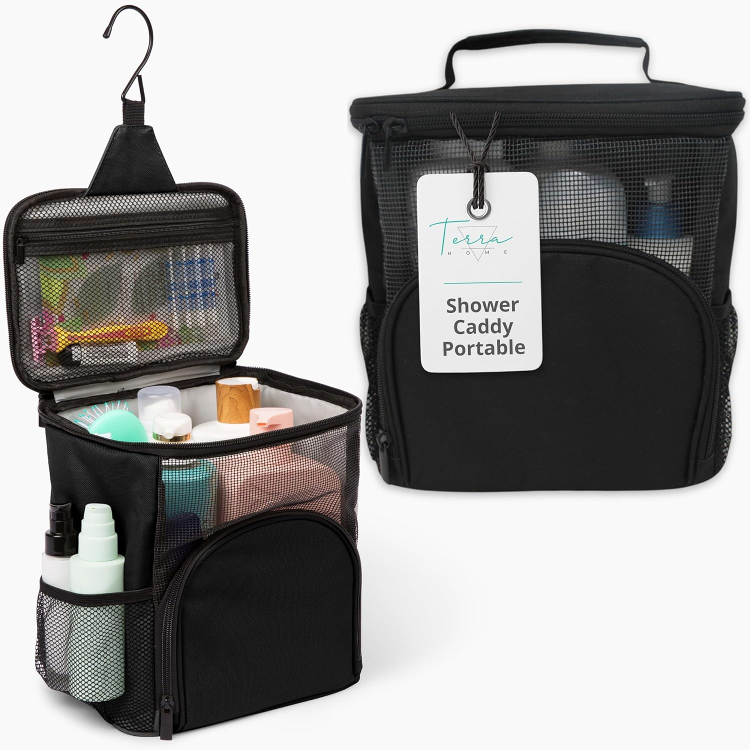 TERRA HOME Original Portable Shower Caddy for College Dorms - Foldable Mesh Tote - Dorm Room Essentials - Durable Hanging Travel Shower Bag - Perfect for College Students, Men, Women (Black)