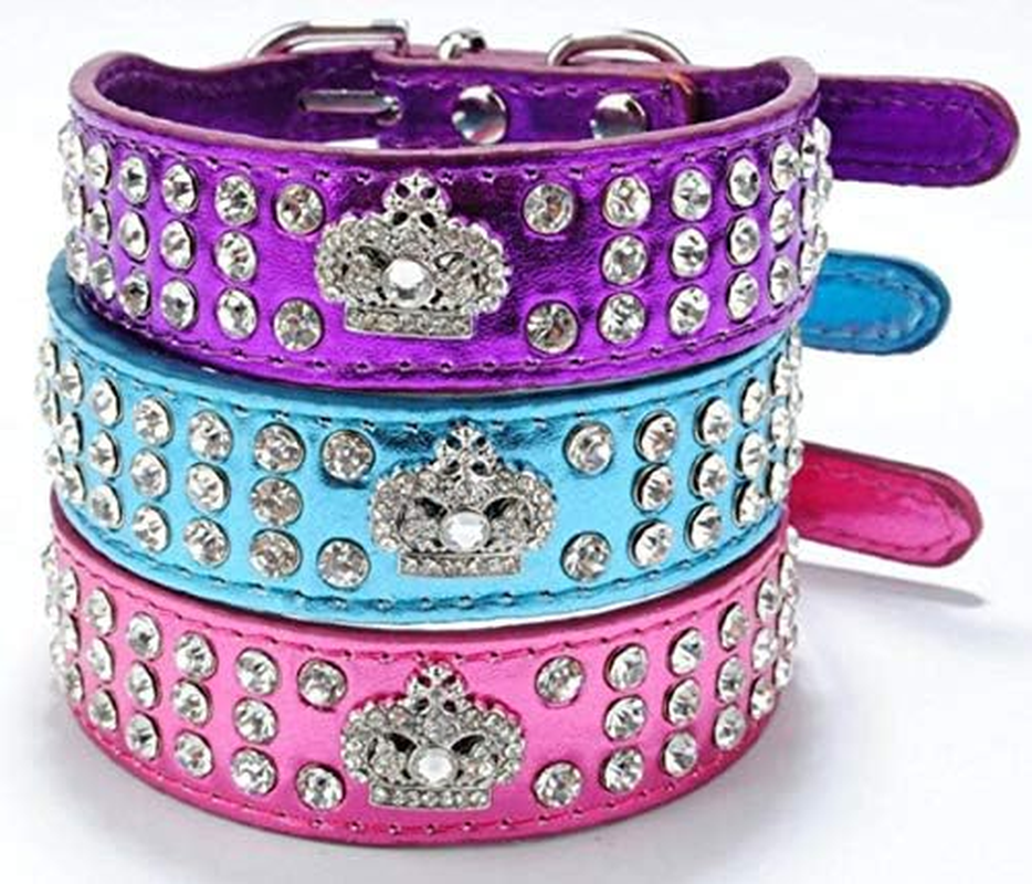 Rhinestone Dog Collar, Crown Rhinestone Diamante Jewelry Crystal Adjustable PU Leather Pet Dog Cat Puppy Collar (M:10-12.5", Blue)