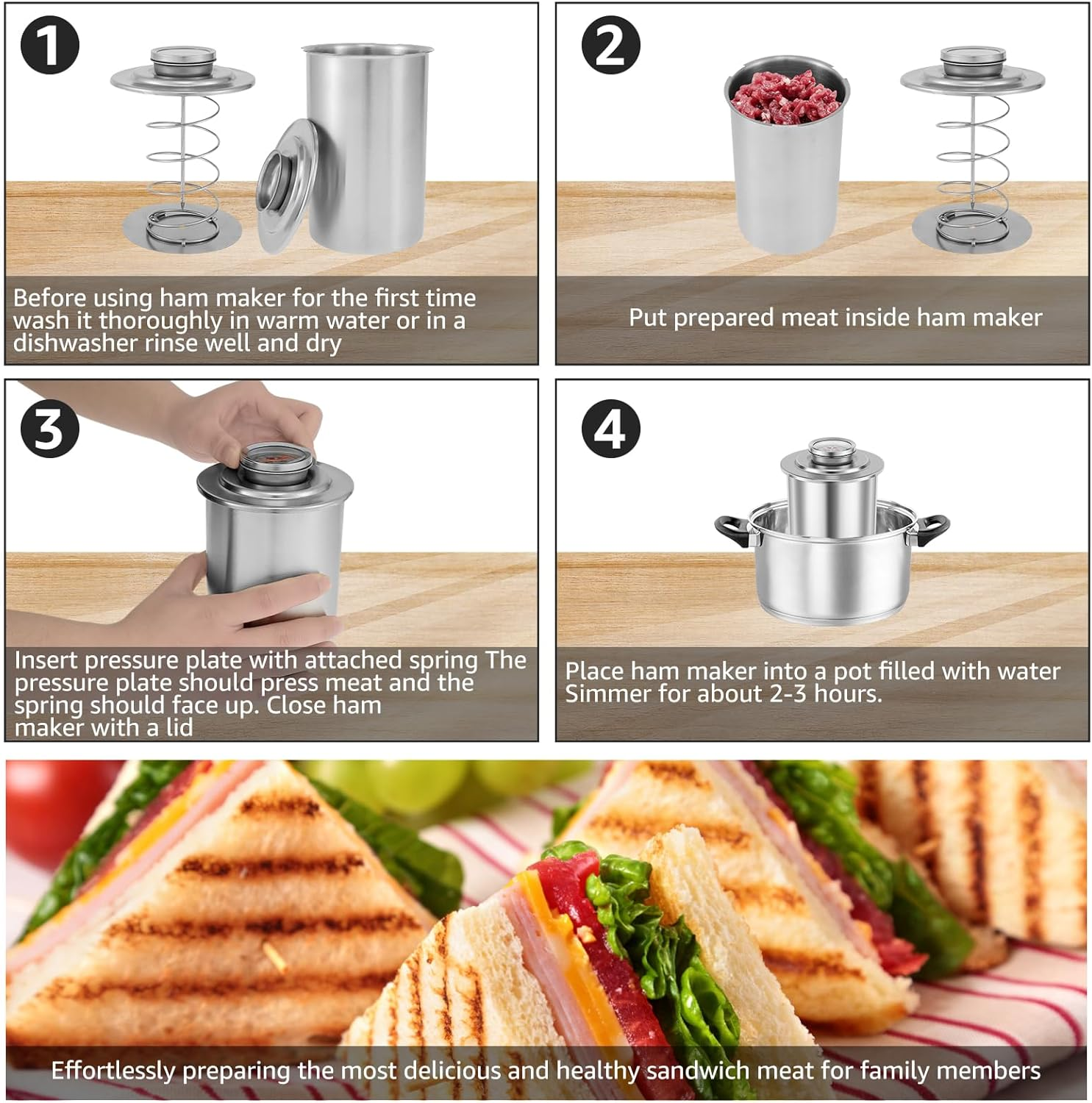 Meat Press Cooker 304 Stainless Steel Ham Press Maker with Thermometer Multifunctional round Shape Meat Press Mold for Deli Meats Meat Pork Seafood Beef Fish Poultry Lunch Meat Press image number 2