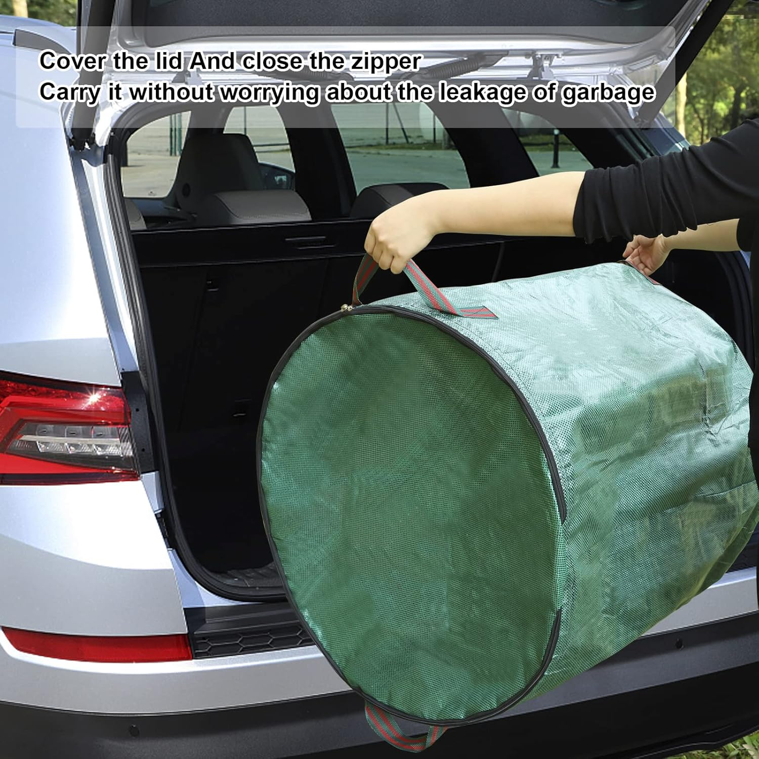 Large Garden Waste Bags with Lid and Zipper, 272 L Waterproof Heavy Duty Garden Leaf Waste Sacks with Handles,Foldable and Reusable ,Green, 2 PACK image number 1