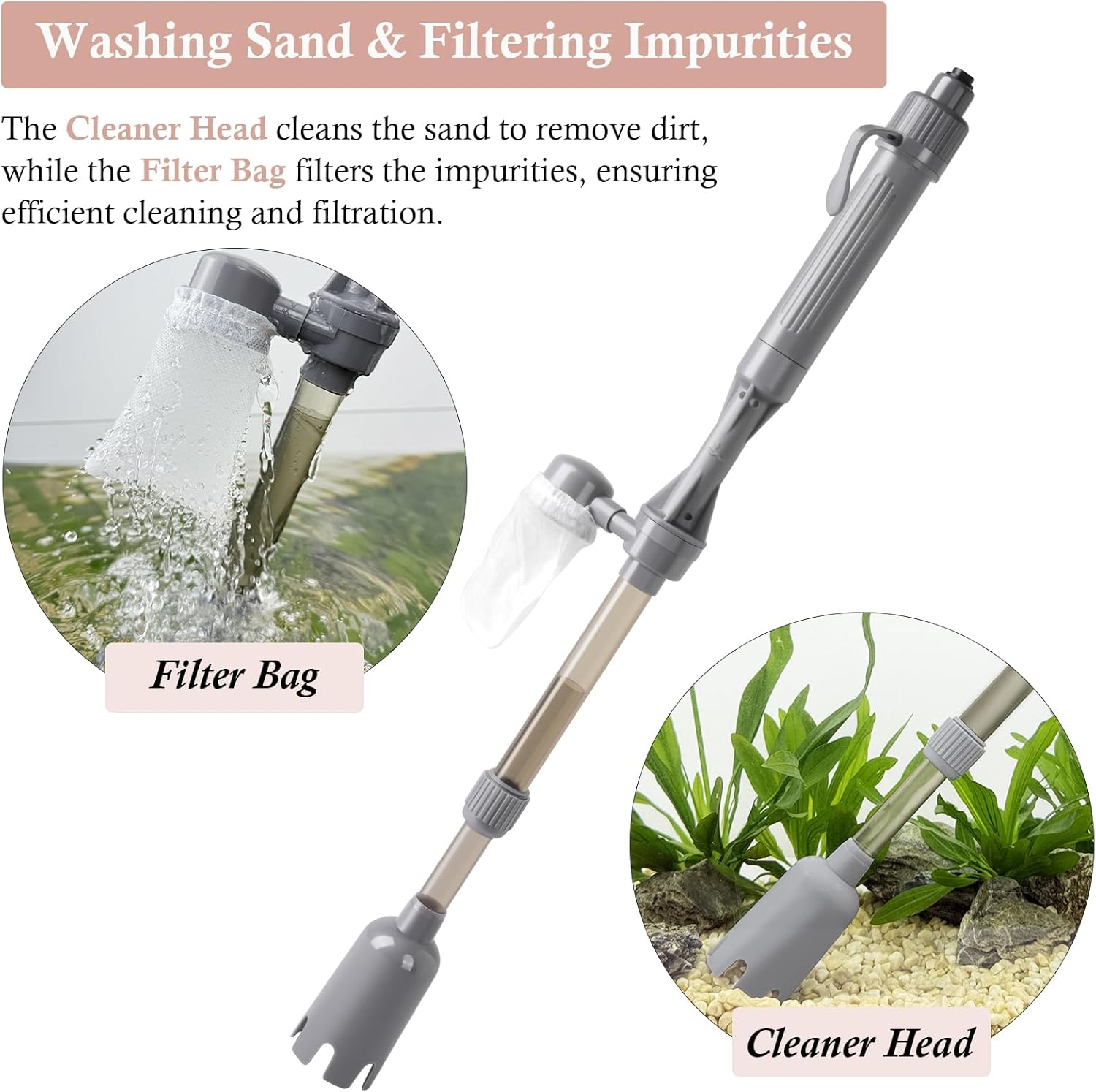 Dirvin Aquarium Vacuum Gravel Cleaner, Battery Fish Tank Water Changer, Removable Vacuum Sand Washer for Fish Tank Cleaning Water Changing Sand Washing, Suitable for Freshwater and Seawater