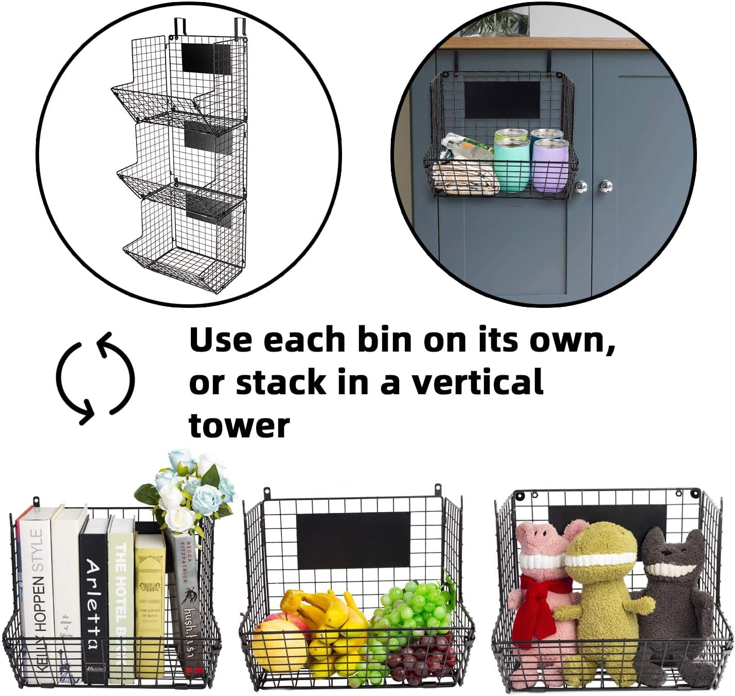 Fruit Vegetable Storage Basket for Kitchen, 3 Tier Stackable Wall Mount & Countertop & Hanging Metal Wire Baskets Organiser with Hooks, Kitchen Produce Tiered Counter Organizer Bin Rack(Black) image number 5