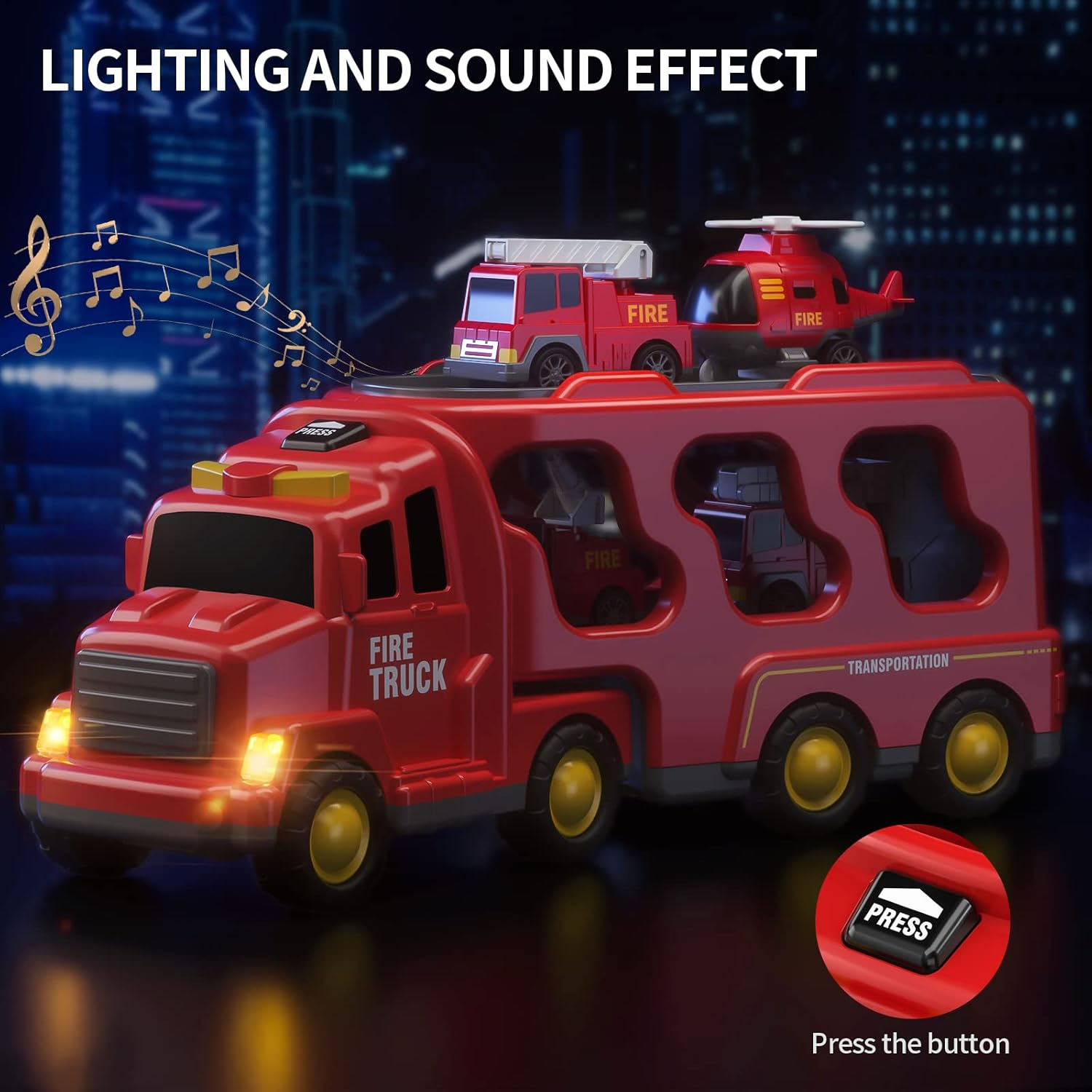 TEMI Fire Truck Toys for 2 3 4 5 6 Years Old Boys Girls - 5 in 1 Carrier Truck Transport for Toddlers 1-3, Friction Power Fire Engine Toys for Kids 3-5, Christmas Birthday Gifts image number 2