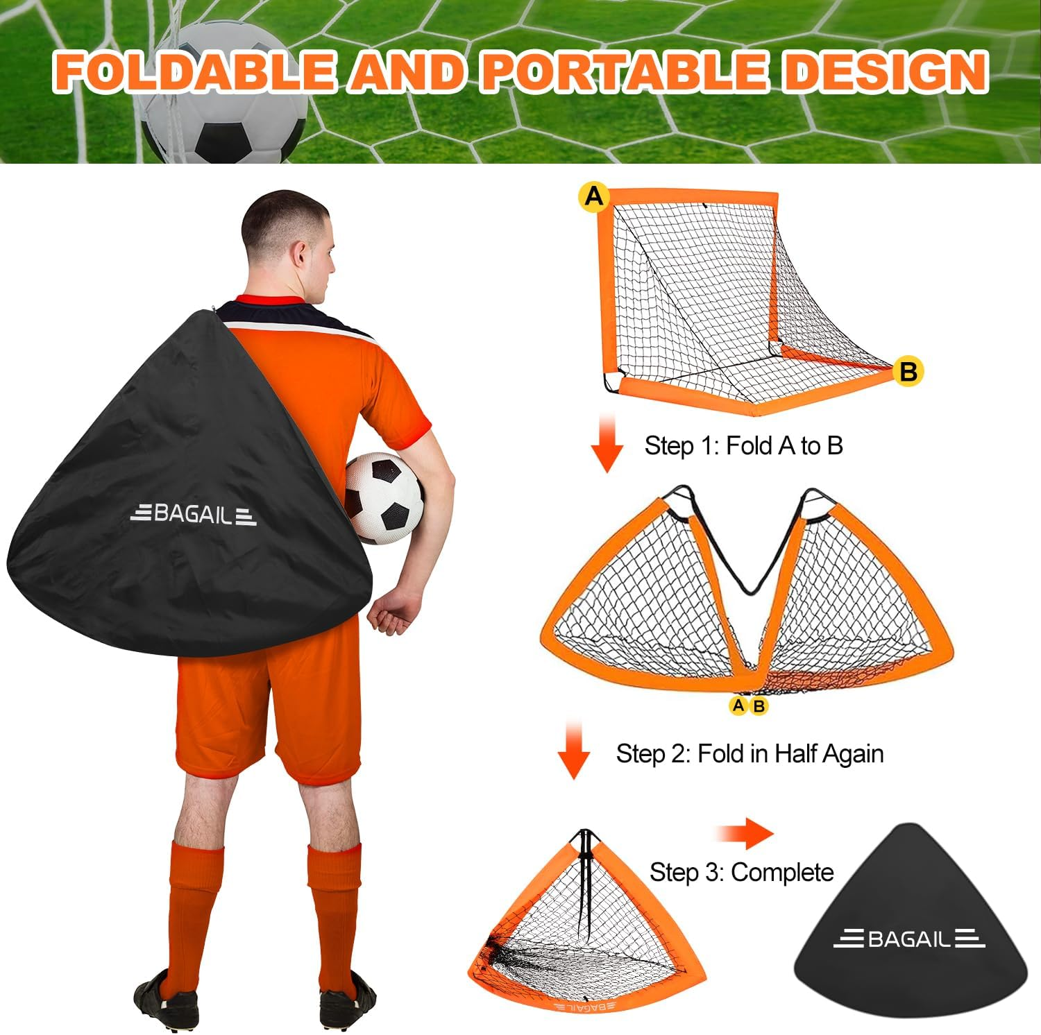 BAGAIL Football Goal, Pop up Football Net with Goal, Pegs and Portable Carry Bag, Easy to Assemble, Ideal for Garden Training and Leisure Games image number 5