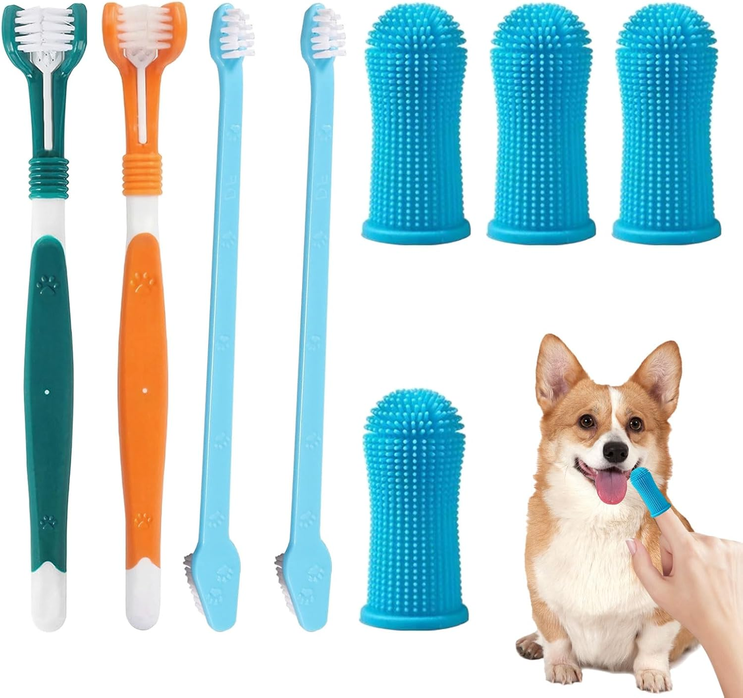 Dog Toothbrush, Cat Toothbrush, Dog Brush Kit with 2 Triple Head Dog Toothbrushes, 2 Long Handle Dog Toothbrushes, 4 Pcs Pet Fingerbrush, Pet Teeth Brush for Dogs Cat Puppy Most Pets image number 3