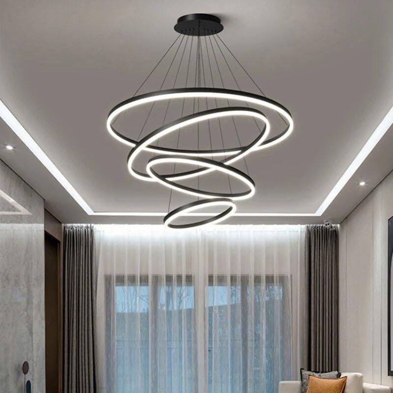 BAMDECOR Modern LED Chandelier, Dimmable Pendant Light with Remote Control Rings round Ceiling Lighting Fixture 3 Color Temperatures Contemporary Chandeliers (4 Rings-Black) image number 1