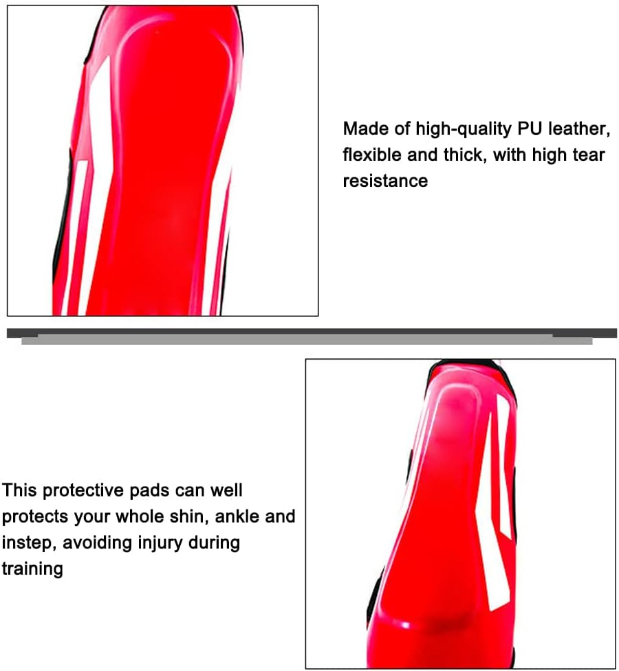 Martial Arts Shin Guards PU Leather Leg Foot Protector Thicken Protective Pads for Kickboxing MMA Training Sparring Equipment Red M image number 5