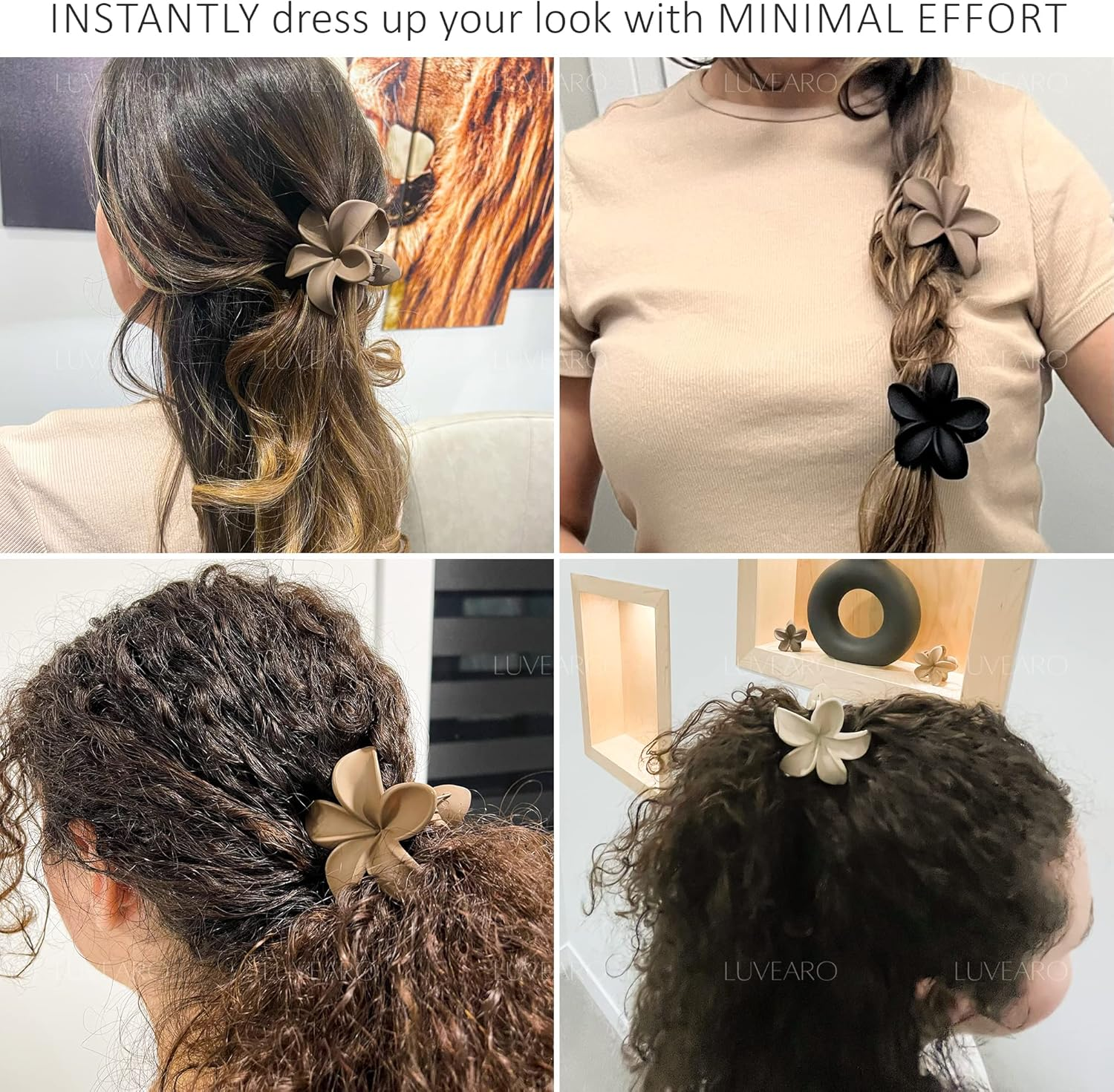 Luvearo 4Pc Nonslip Matte Flower Hair Clips for Women Thick/Thin Hair Accessories for Women Neutral Flower Cute Claw Clips Variety Pack Plumeria Hair Clip