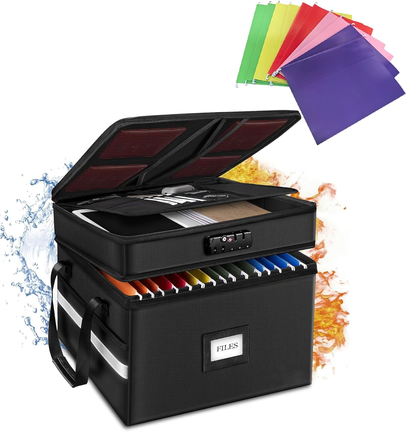 Fireproof Document Safe Box with Lock, Portable Collapsible File Cabinet Storage Organizer for Hanging Letter, Legal Size Folder, 40 * 31 * 33Cm Black