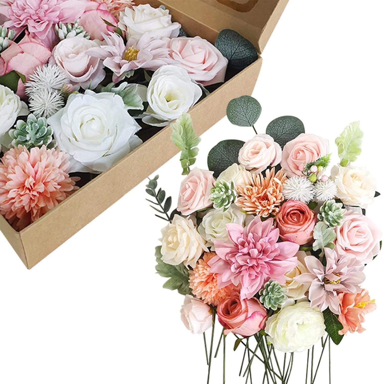 Artificial Silk Purple Champagne Rose Flowers Box for Wedding Decorations, Real Touch Peony and Fake Rose Bouquets with Stems for Wedding Cake Topper Party Bridal Bouquets Indoor Outdoor Decorations