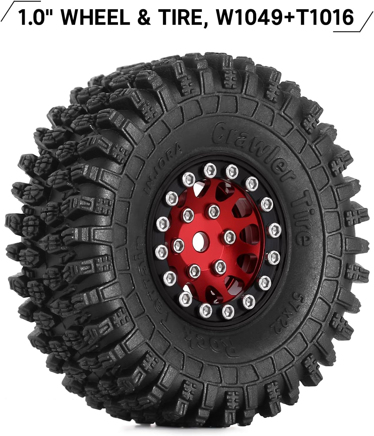 INJORA 1.0 Beadlock Wheel S5 Super Soft Sticky Crawler Tires for TRX4M Axial AX24 SCX24 FCX24 Enduro24 Upgrade, 57 * 22Mm(Red) image number 5