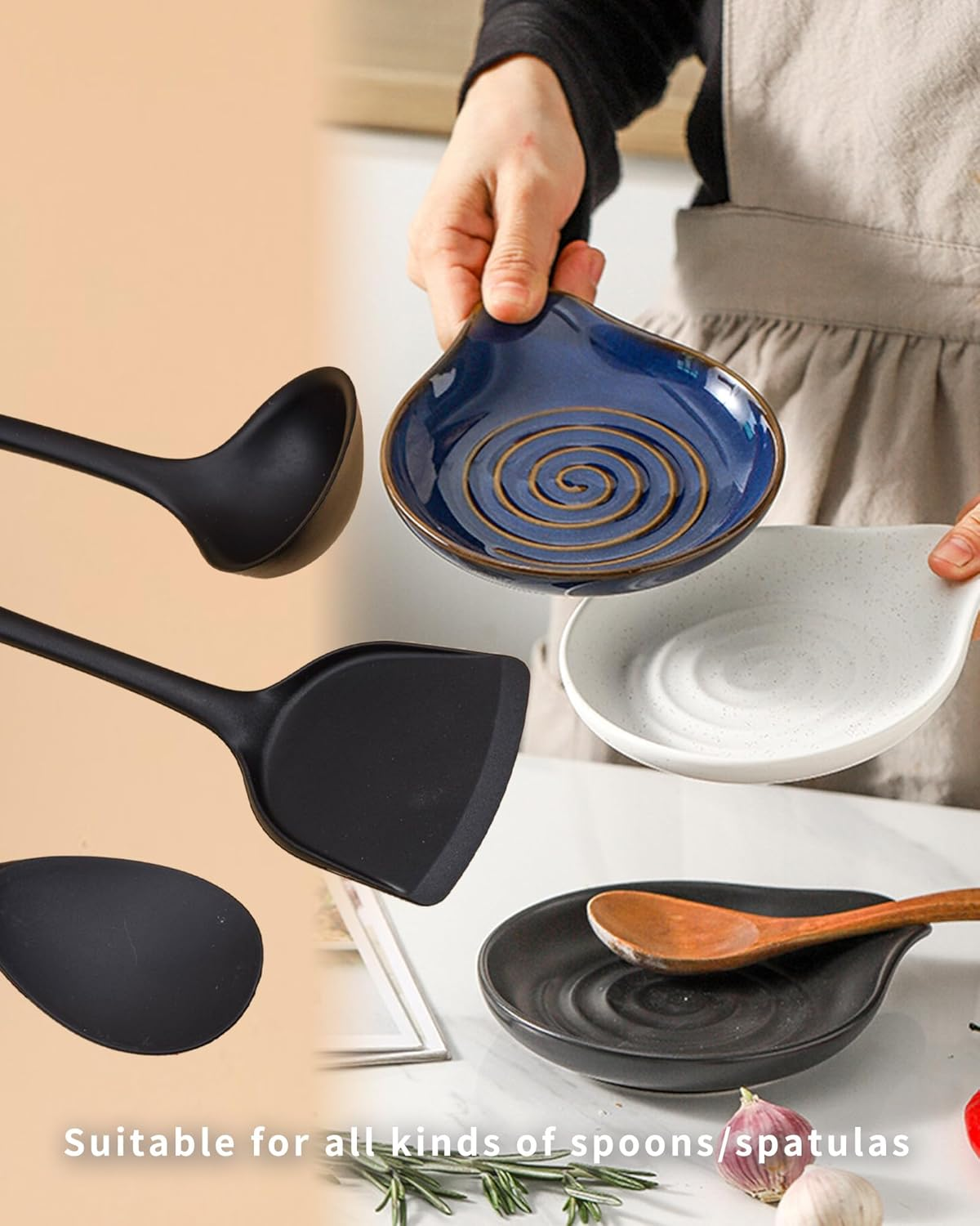 Spoon Rest for Kitchen Counter, Large Heat Resistant Spoon Holder for Stove Top Countertop, Utensil Rest for Cooking,Coffee Spoons, Spoons, Ladles, Spatulas, Tongs, Dishwasher Safe (Blue) - White image number 7