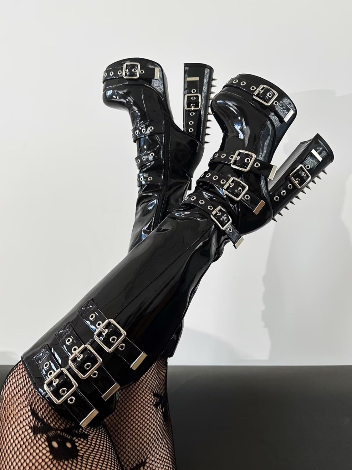 Frankie Hsu Goth Sexy Chunky Platform Knee High Heeled Boots, Black Patent Silver Rivets Multi Buckle Gothic, Punk Y2K Hot Girl Big Large Size Wide Calf Shoes for Women Men image number 3
