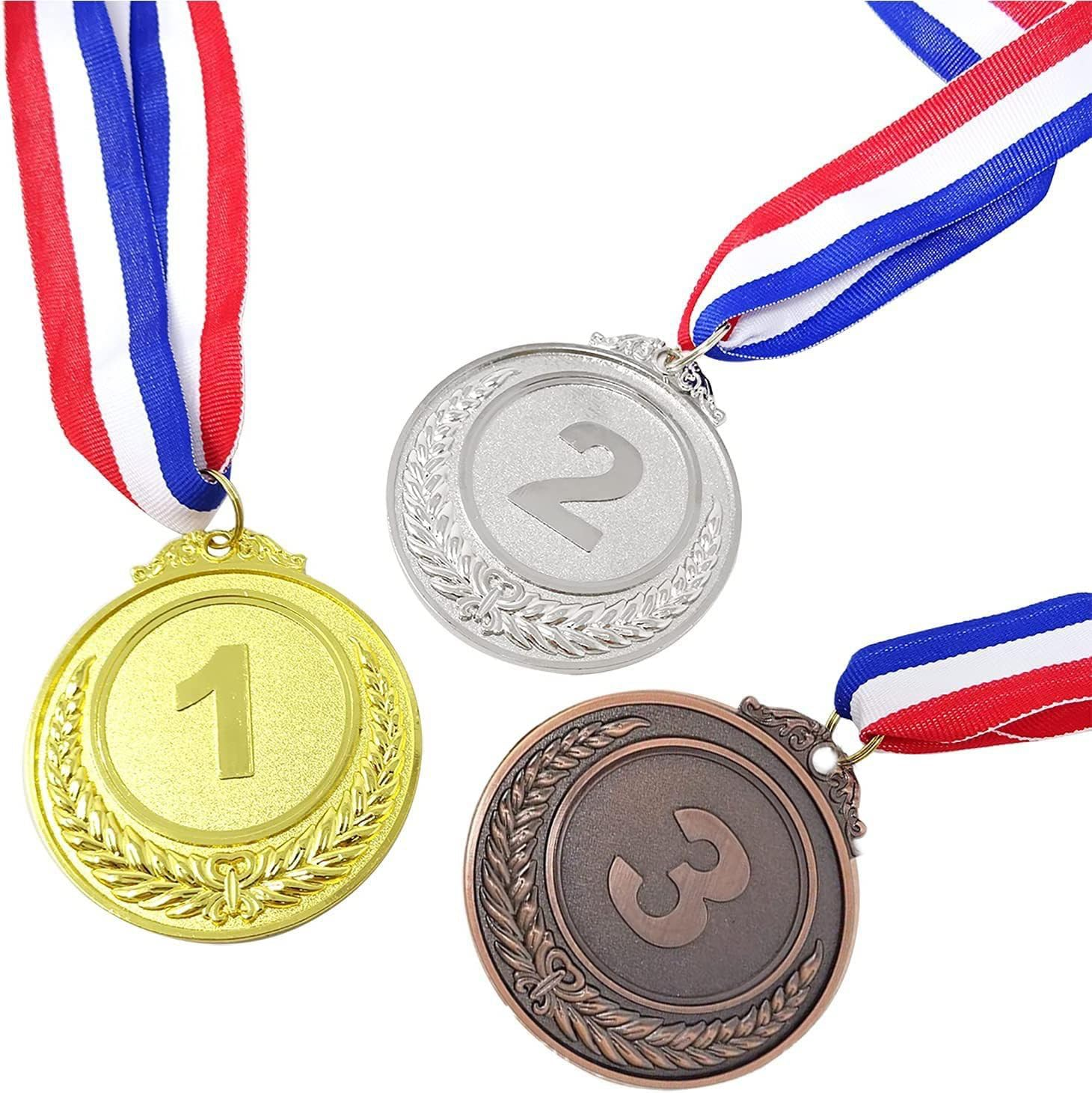 3PCS 1St, 2Nd, 3Rd Award Medals, 2 Inches Winner Medals Gold Silver Bronze Prizes with Red White Blue Neck Ribbon for Competitions Awards, Olympic Style Party Decorations image number 2