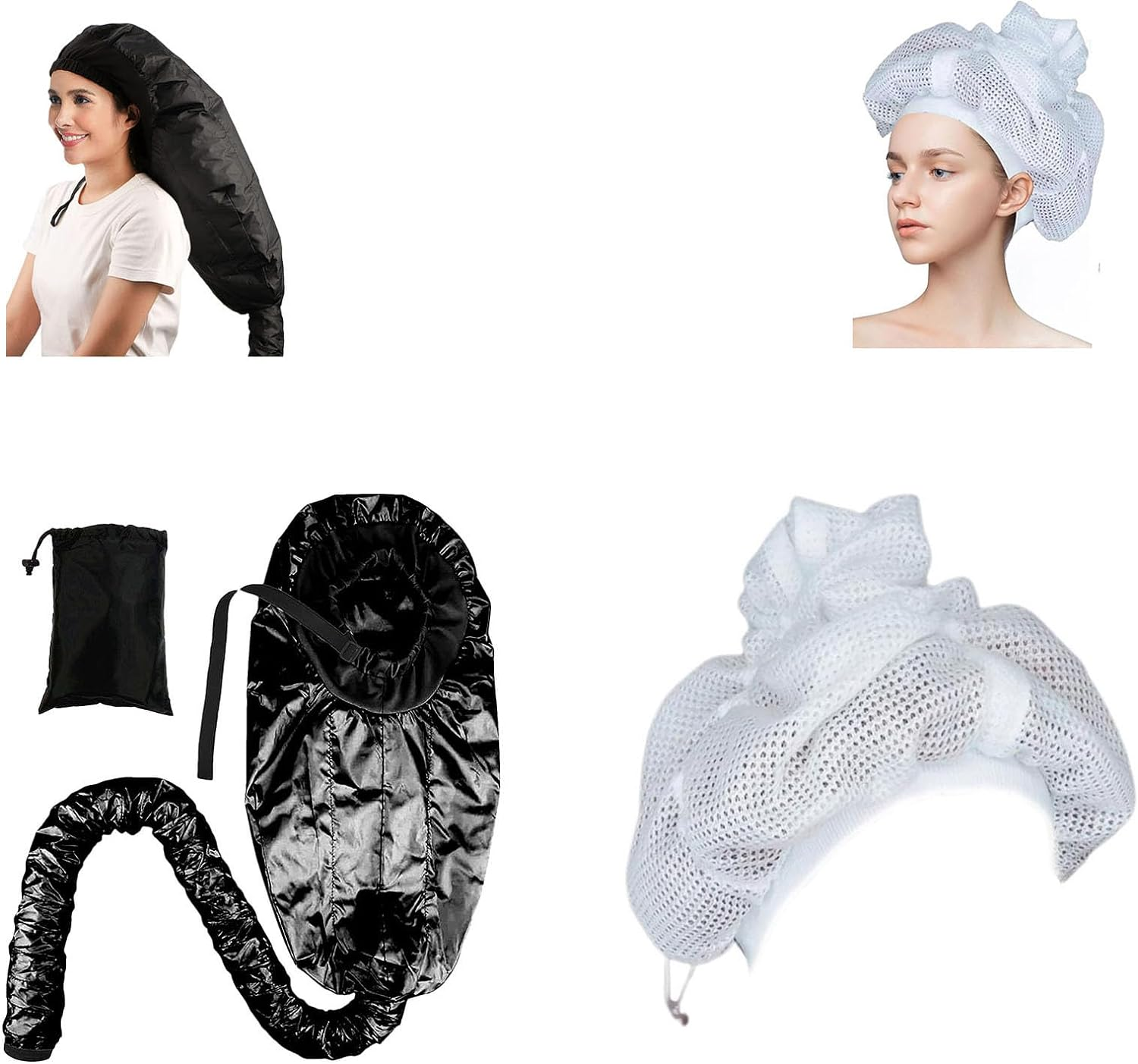 Net Plopping Cap for Drying Curly Hair, 2 in 1 Bonnet Hooded Hair Dryer Attachment, Hair Cap with Drawstring, Adjustable Bonnet for Curly Hair, Reusable Net Plopping Bonnet Set for Women