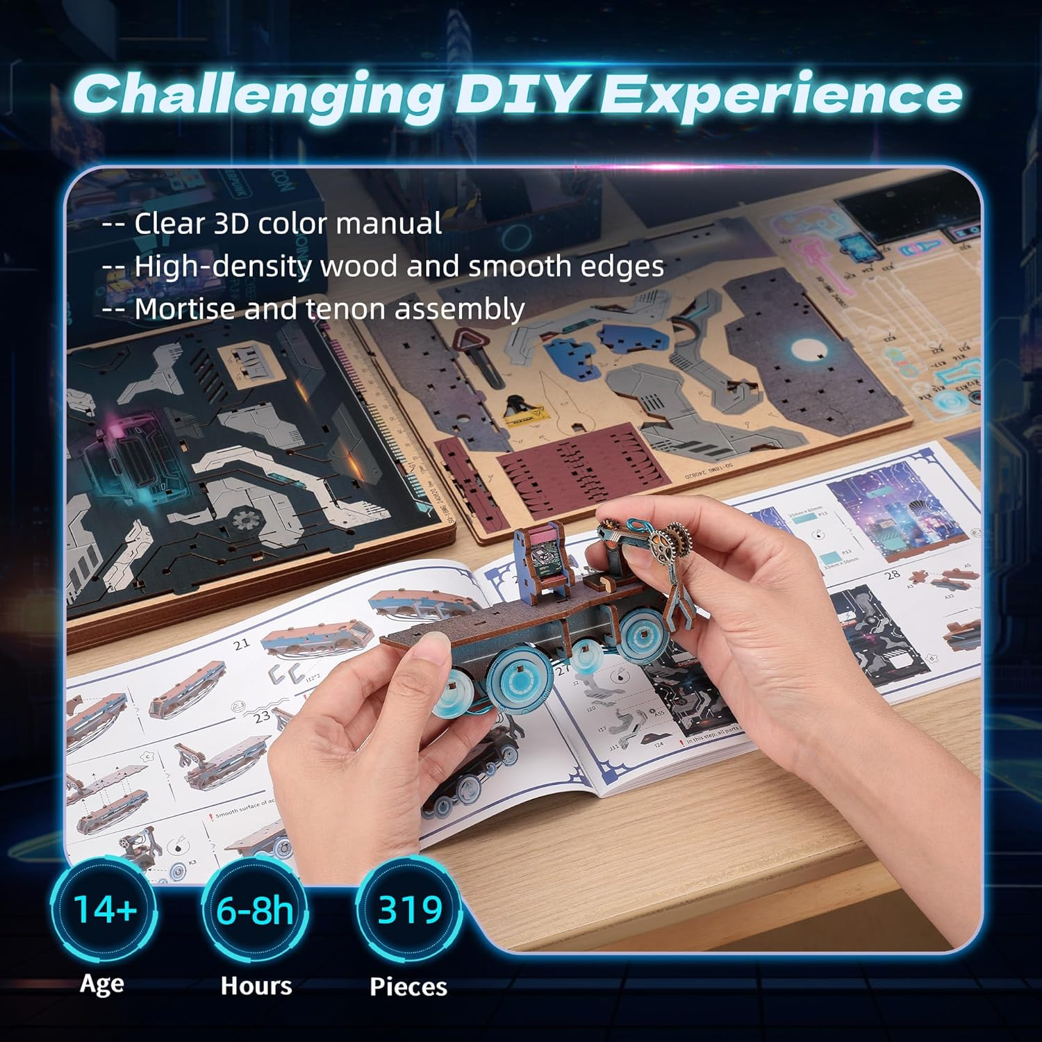 3D Wood Puzzle Book Nook Kit, Futuristic Miniature Bookshelf Insert with LED Lights, DIY Cyberpunk Bookend D&eacute;cor for Display, Unique Craft for Adults and Teens (Endless Dimensions) image number 4