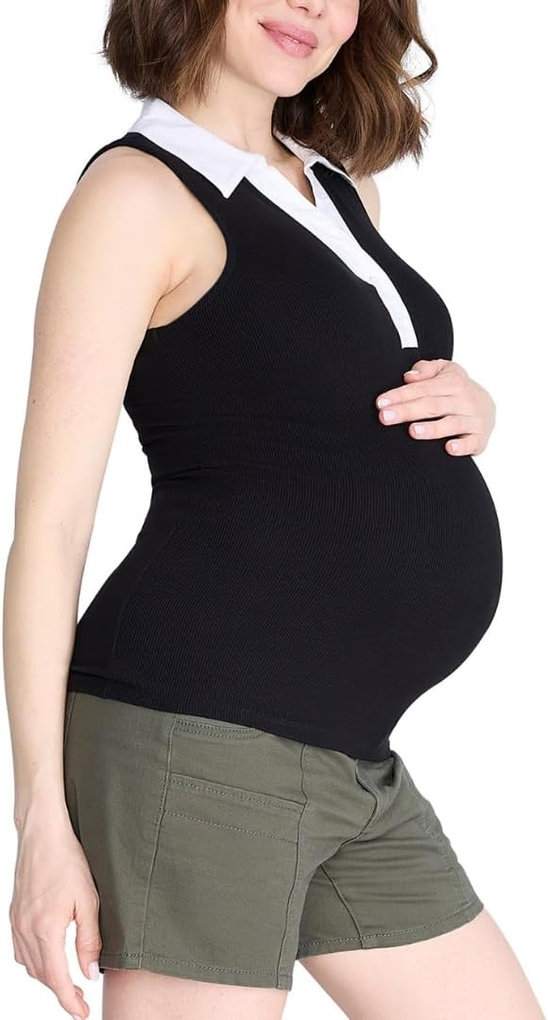 Motherhood Maternity Women'S Sleeveless Rib Knit V-Neck Polo Pregnancy Top