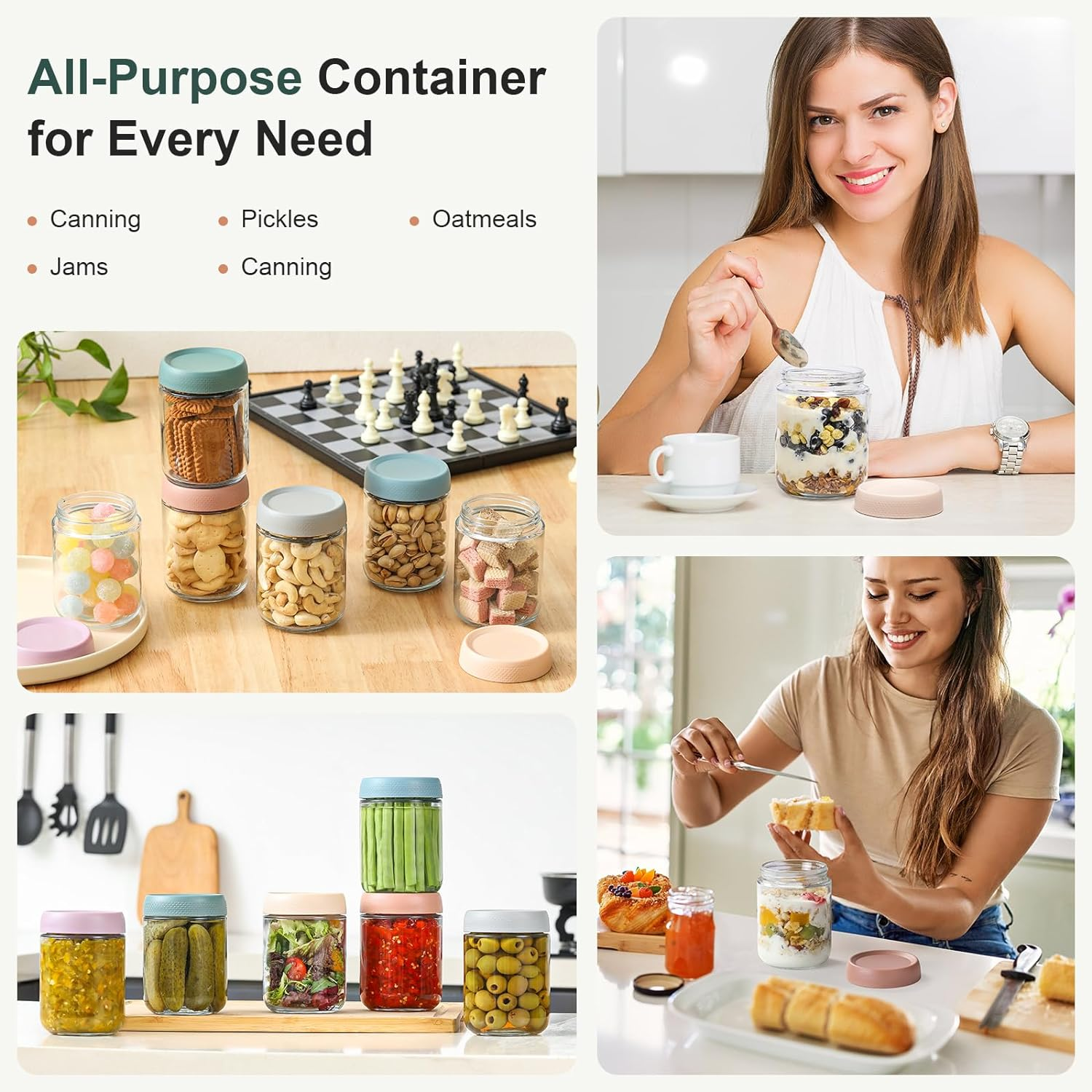 NETANY 6-Pack 16 Oz Overnight Oats Containers with Lids, Glass Jars with Airtight Lids, Wide Mouth Mason Salad Jars, Glass Food Storage Containers for Snacks Yogurt Spice Sugar - Green image number 2