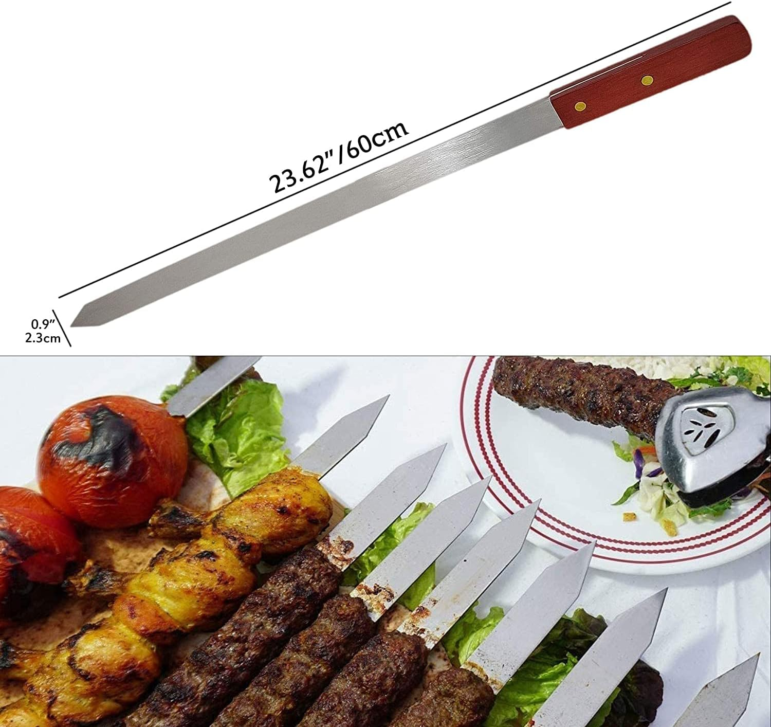 8Pcs Stainless Steel Flat Kebab Skewers, 24 Inch Turkish Adana Skewers for BBQ Grill Accessories image number 3