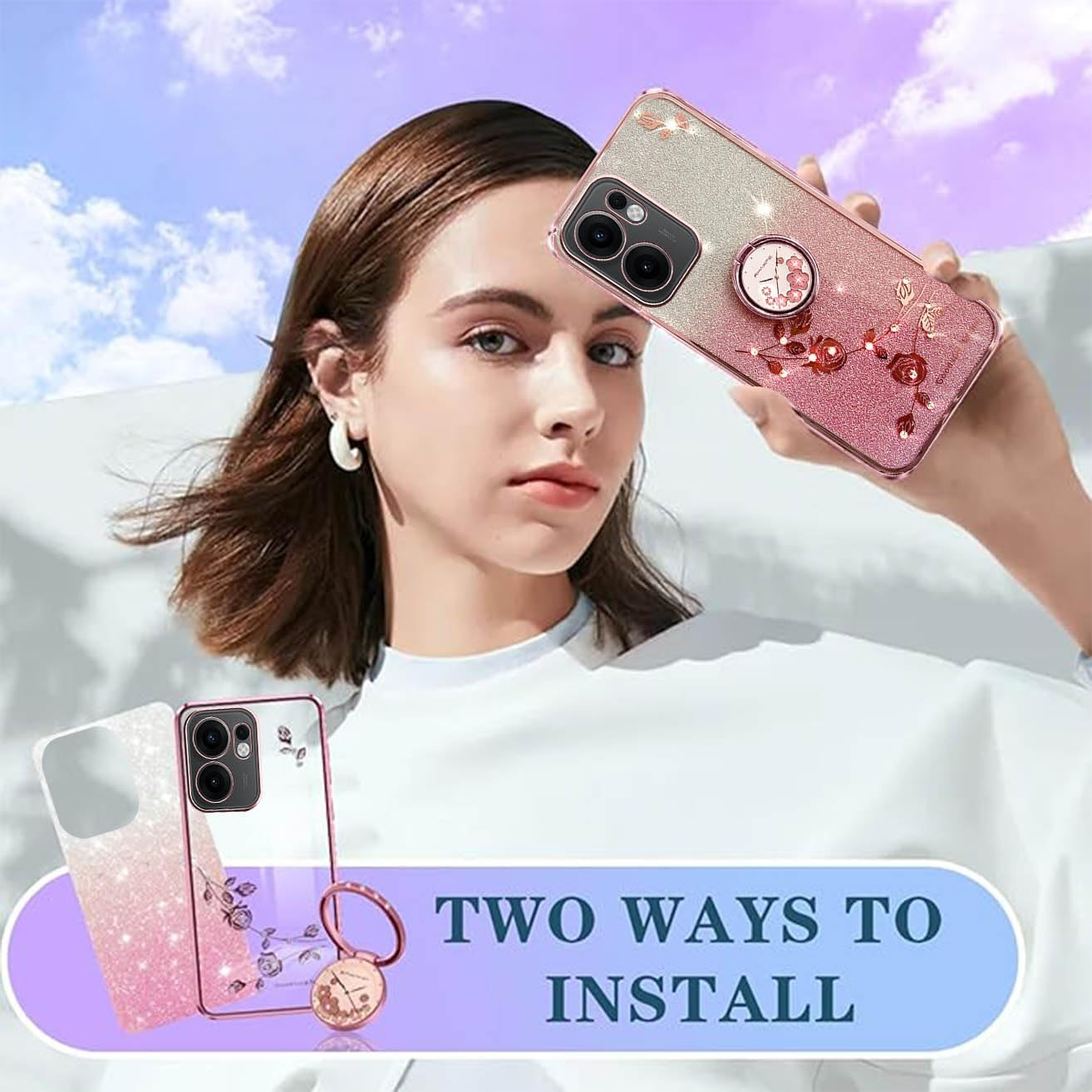 YUEQIAN Glitter Case for Oppo Reno13 F 5G/Reno 13F 4G/Reno13 FS, Ultra Thin Transparent Soft TPU Silicone Shockproof Mobile Phone Case, Shiny Diamond Flowers Ring Stand Women Protective Case Pink image number 2