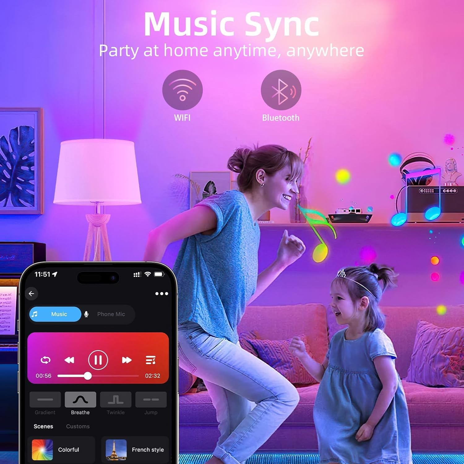 LED Smart Wifi Bulbs E27 Alexa&Google Home Compatible with Music Sync,Dimming, Color Changing, Timing,Group Control, Preset Scenes, RGBCW Multicolor Smart Bluetooth Light Bulbs 60W, 800Lm(2-Pack)