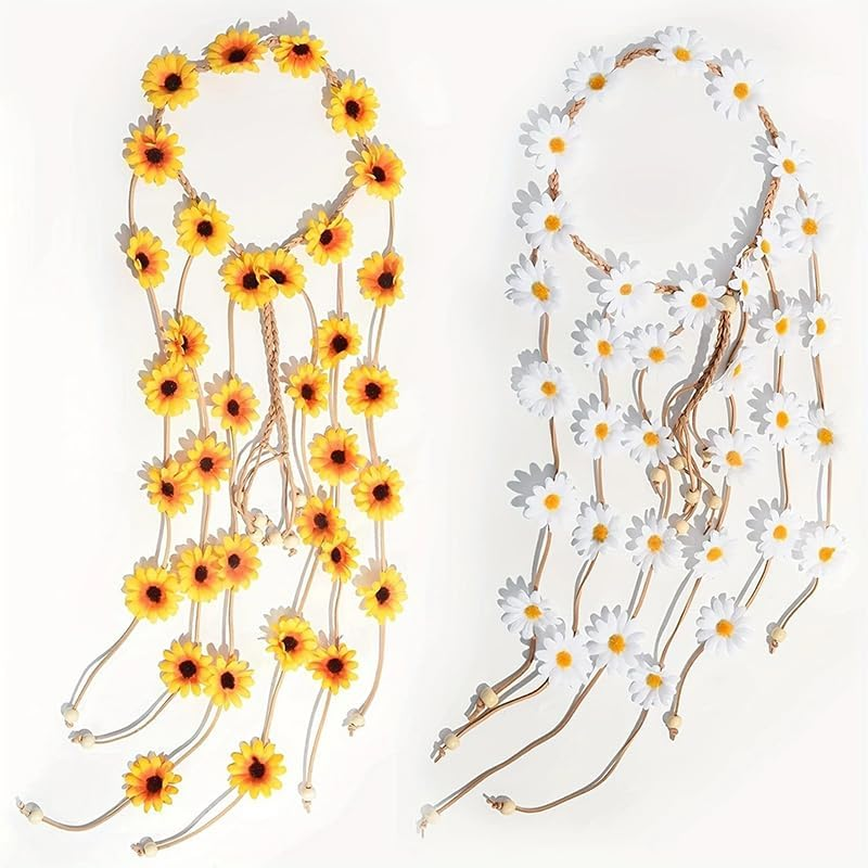 ANCLLO Daisy Hair Accessories Bohemian Daisy Headband Sunflower Crown Adjustable Tassel Hair Scrunchie Flower Headband Travel Flower Headpiece Women Cosplay Costume (White) image number 1