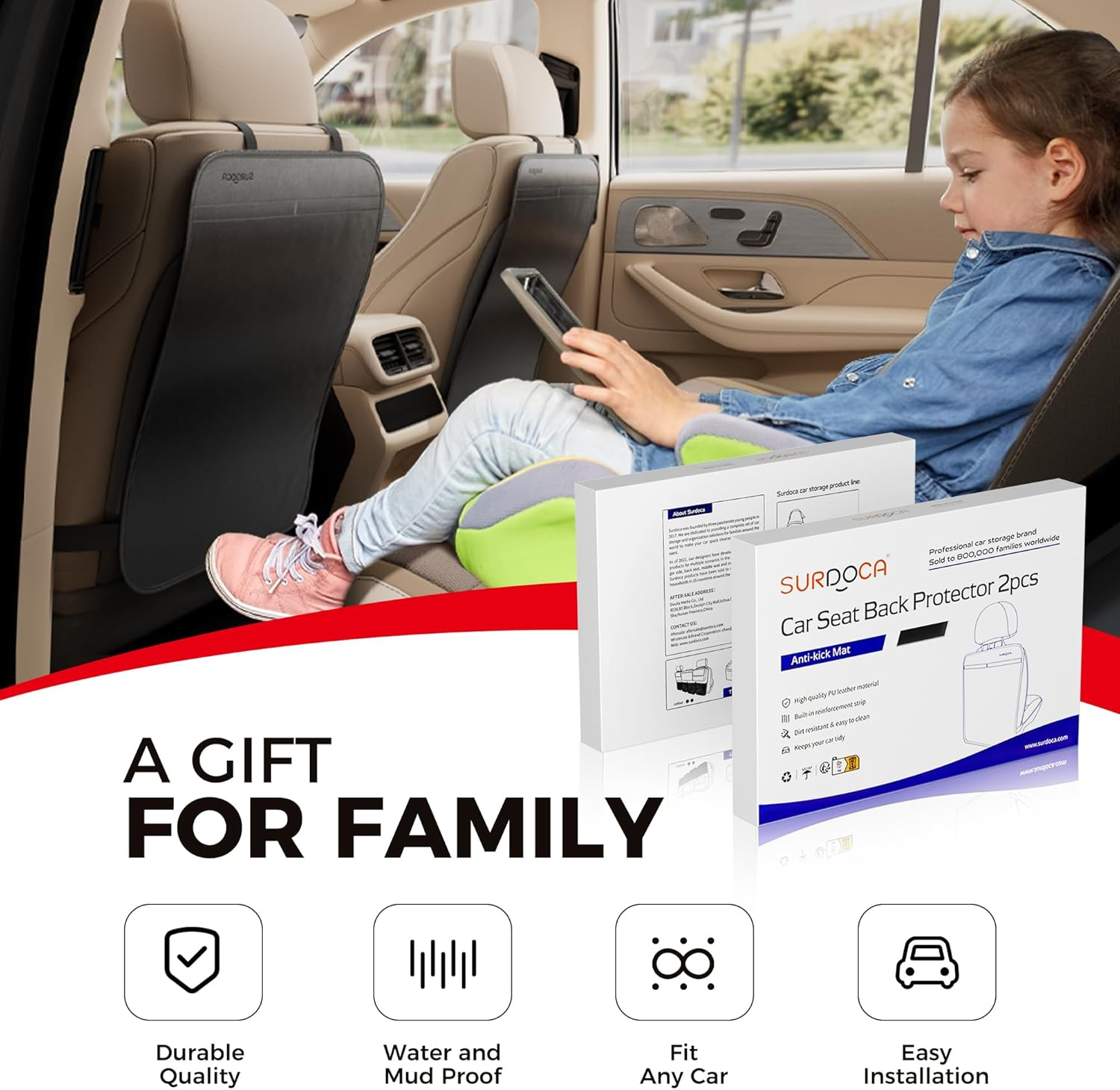 SURDOCA Waterproof Car Seat Kick Mat, Auto Back Seat Protector for Kids, PU, Universal, Black image number 3