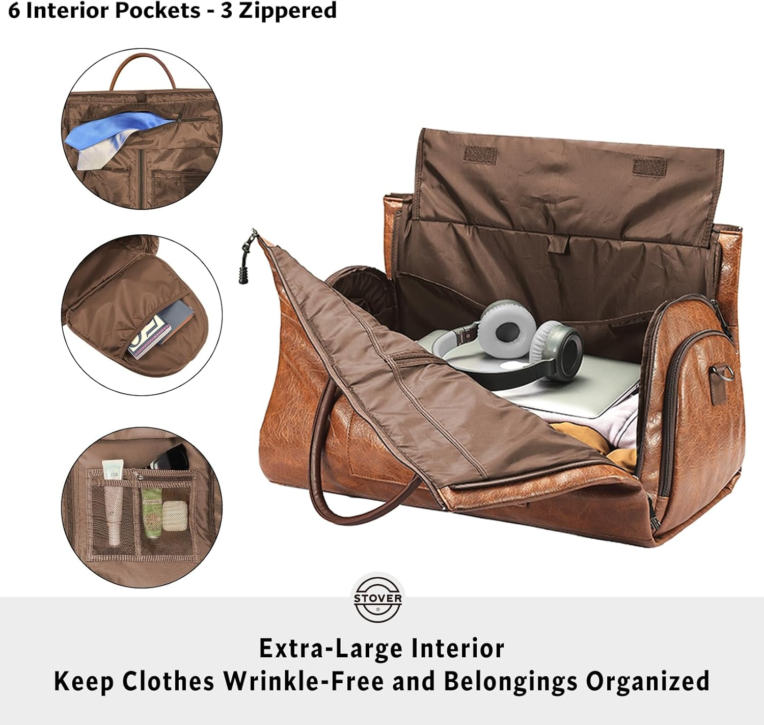 STOVER Garment Travel Duffle Bag, Large 2-In-1 Convertible Carry-On Luggage for Men & Women- Hanging Suits, Dresses & Clothes + Shoe Compartment- Weekender Tote Combo Duffel, Leather Brown, Garment image number 6