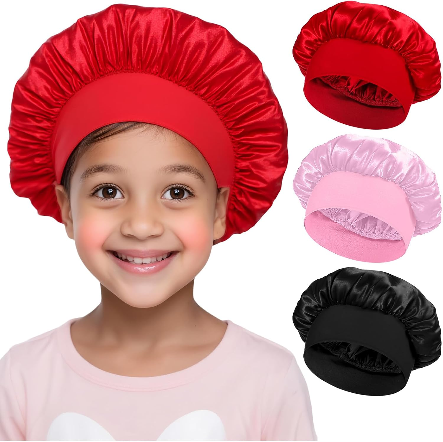 LXUEJEI 3 Pcs Bonnet for Kids, Kids Bonnets for Girls, Satin Silk Hair Bonnet for Sleeping, Soft Wide Band Sleep Cap for Curly Hair Braids Shower Caps for Teens Child Toddler(Blue, Purple, Black)