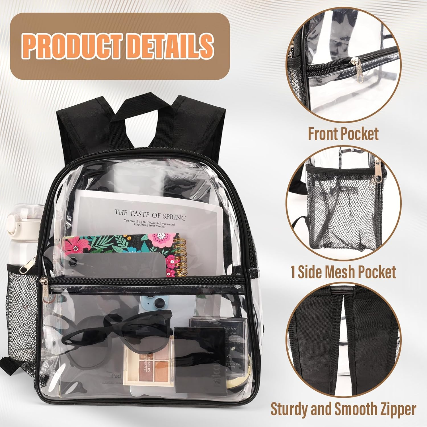Supcomsta Clear Backpack Large &ndash; 12"X11.5"X6" Heavy-Duty Pvc,Waterproof,Stadium Approved Bag with Adjustable Straps &ndash; Ideal for School,Work,Travel,Concerts - Black image number 3